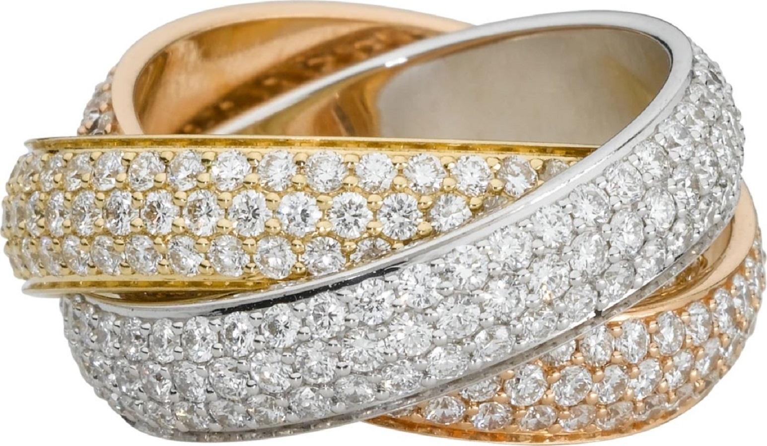 Trinity ring, large model, 18K white gold, 18K pink gold, 18K yellow gold, set with 387 brilliant-cut diamonds totaling 4.64 carats.

Please be advised that EU 53 equals in 6 1/4 to 6.5 American finger size according to Cartier website. 
REF.: