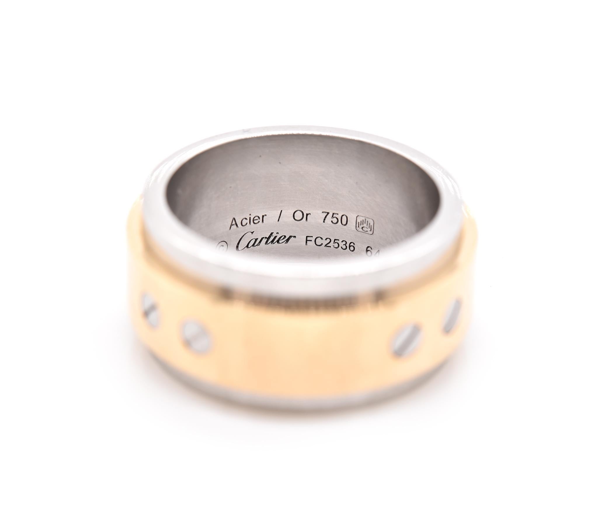 Designer: Cartier
Material: 18K white & yellow gold
Serial # FC2XXX
Weight: 22.43 grams 
Size: 64 / 10.75
