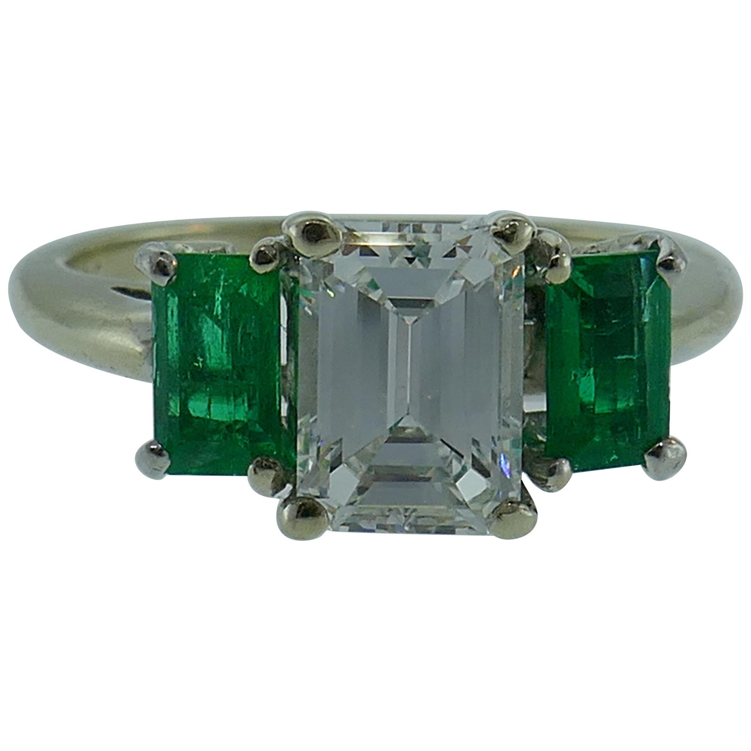 Cartier 18 Karat White Gold, 1.06 Emerald Cut Diamond and Emerald Ring GIA  at 1stDibs