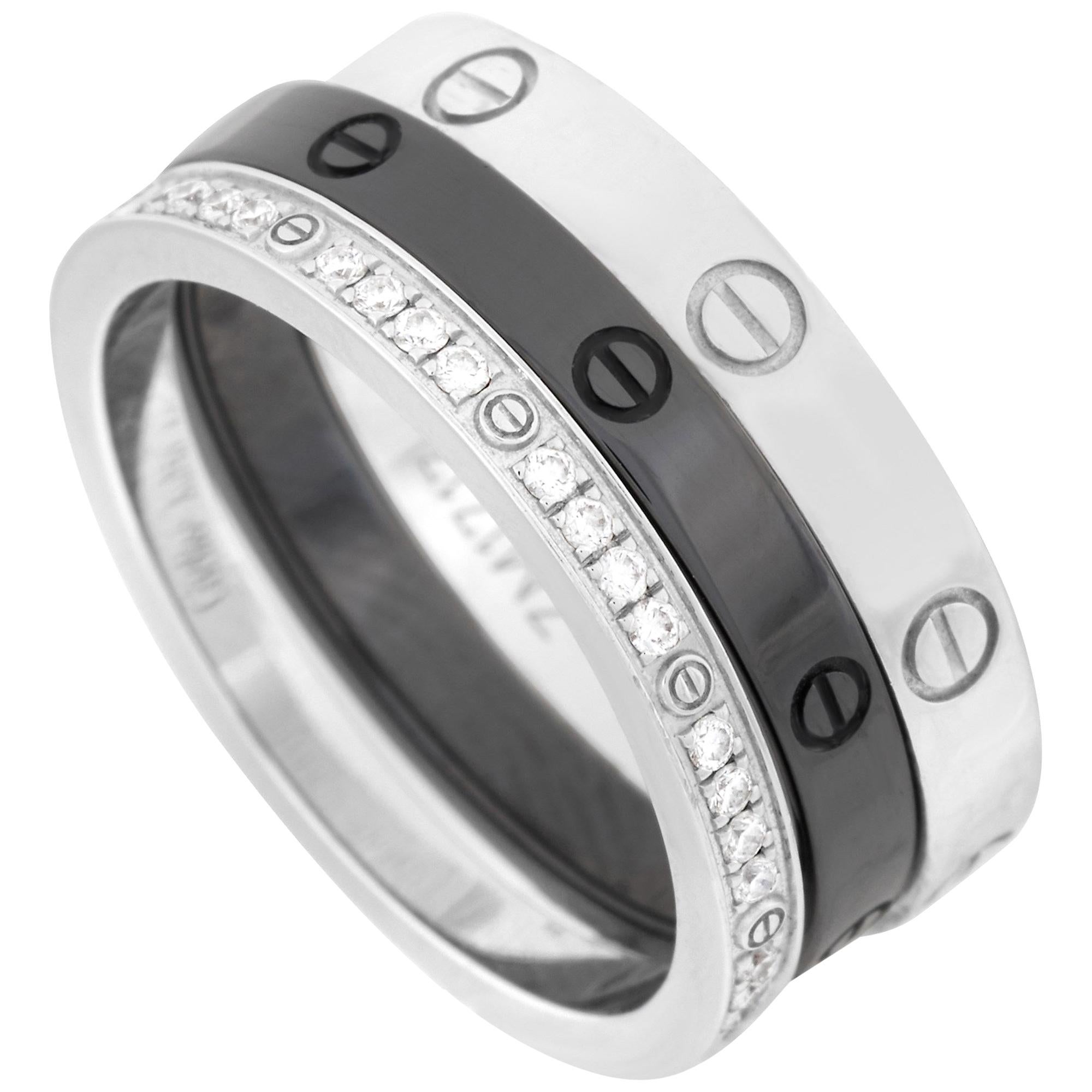 Cartier 18 Karat White Gold and Ceramic Diamond Love 3-Ring Set