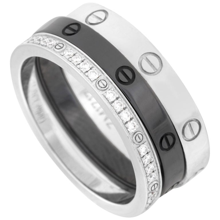 Cartier 18 Karat White Gold and Ceramic Diamond Love 3-Ring Set at 1stDibs  | cartier love ring set, cartier ceramic ring, cartier titanium ring