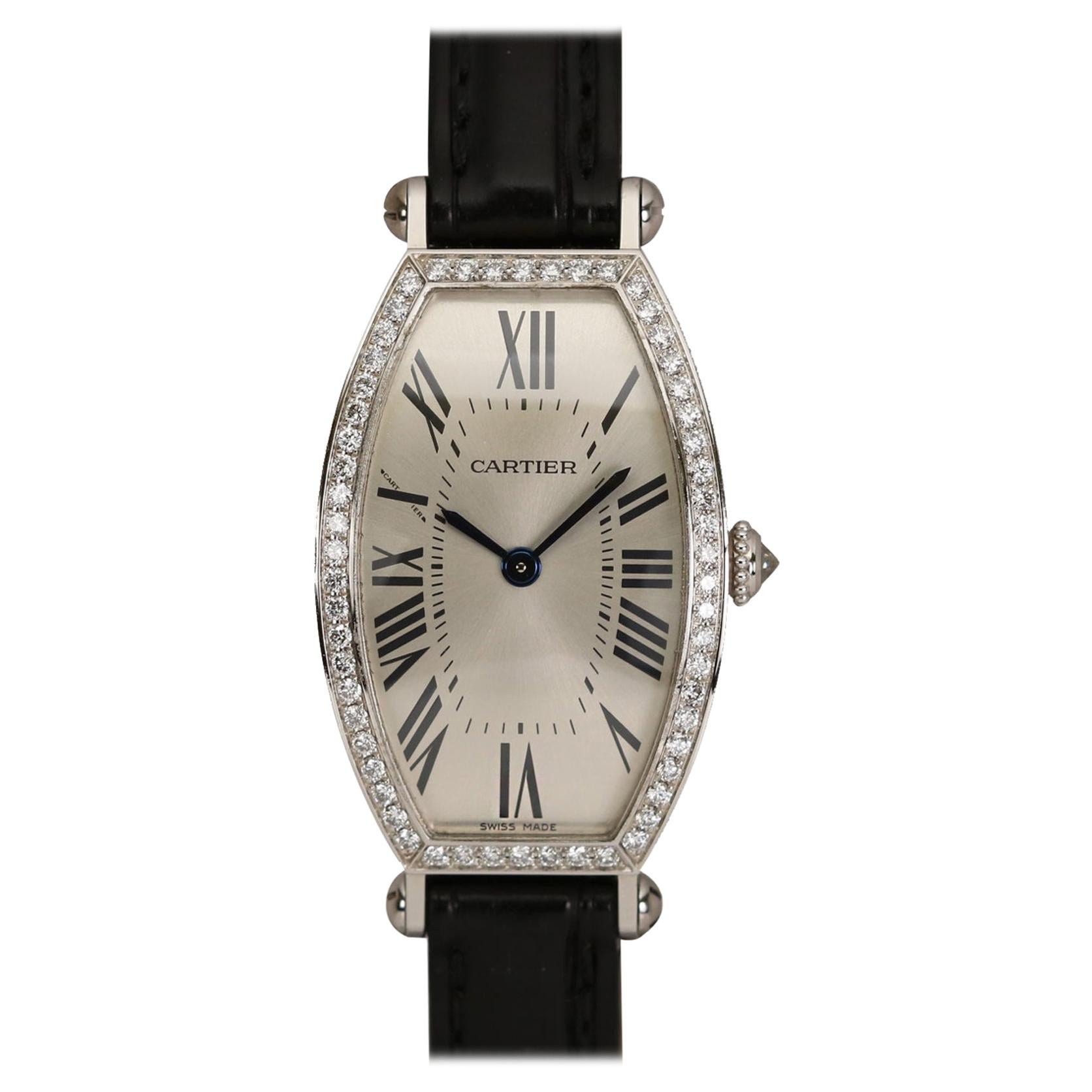 Cartier 18 Karat White Gold and Diamond Manual Wind Watch with Guilloche Dial