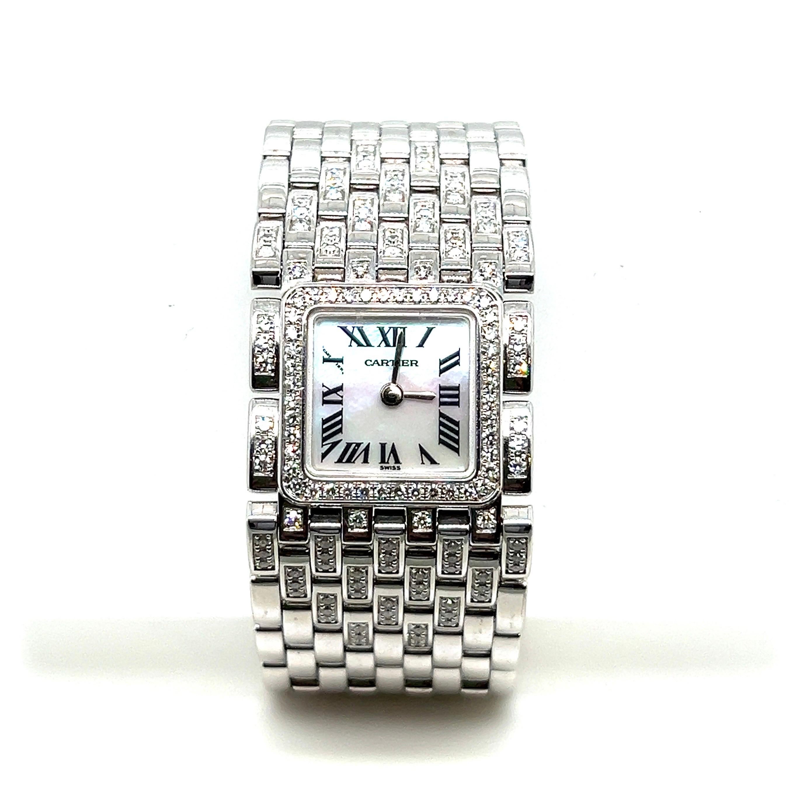 Cartier 18 Karat Weißgold und Diamant Panthère Ruban Damenarmbanduhr (Moderne)