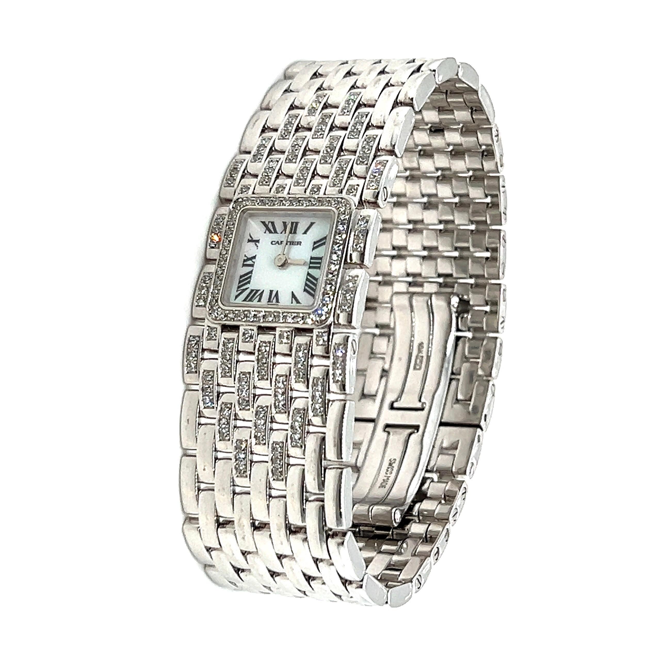 Cartier 18 Karat Weißgold und Diamant Panthère Ruban Damenarmbanduhr im Zustand „Gut“ in Zurich, CH