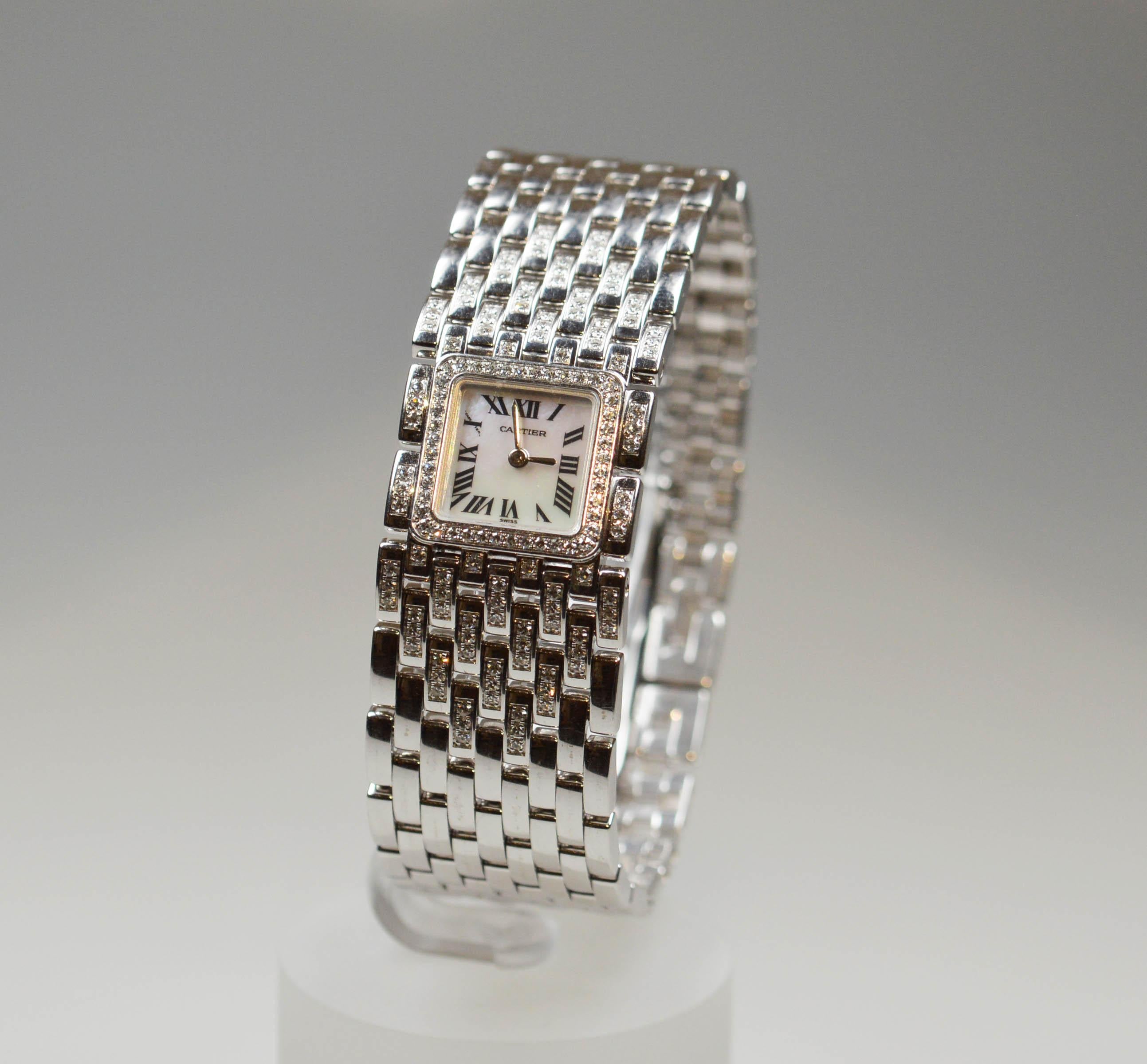Cartier 18 Karat Weißgold und Diamant Panthère Ruban Damenarmbanduhr für Damen oder Herren