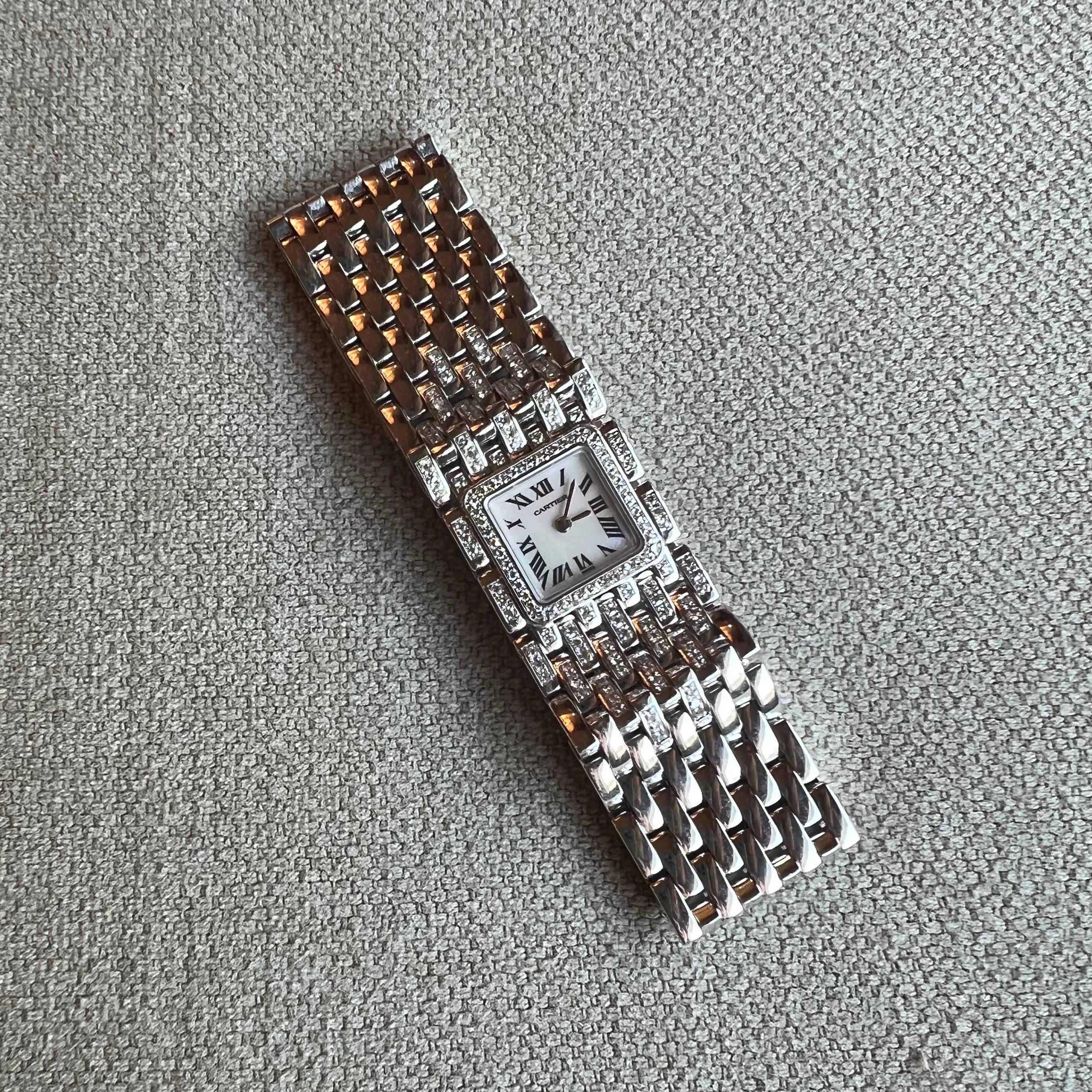 Cartier 18 Karat Weißgold und Diamant Panthère Ruban Damenarmbanduhr 1