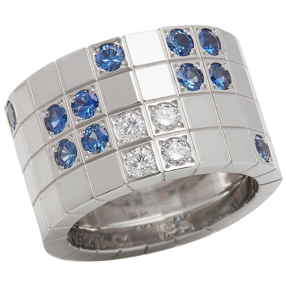 Cartier 18 Karat White Gold Blue Sapphire and White Diamond Lanieres Band Ring