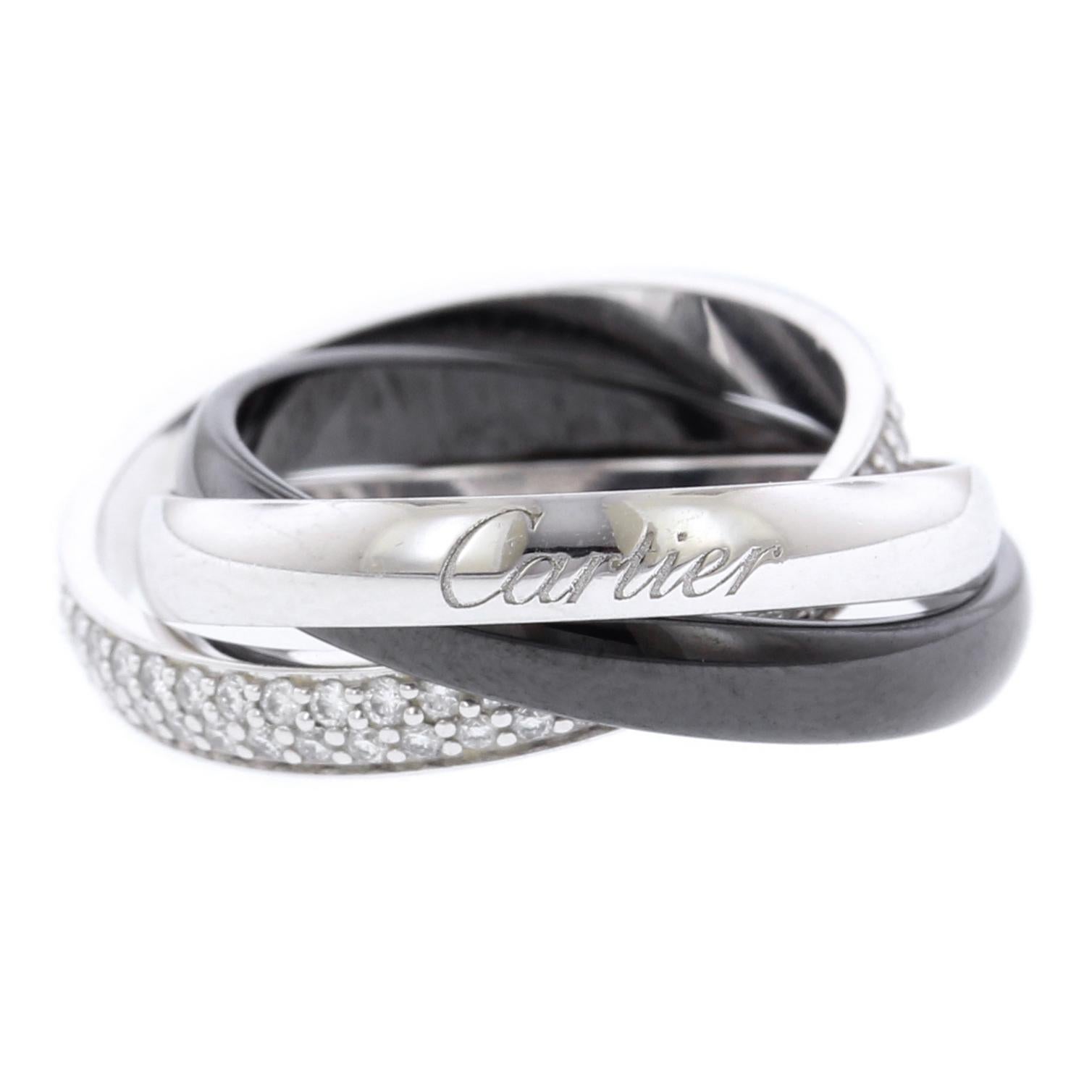 Cartier 18 Karat White Gold Ceramic and Diamond Trinity Ring