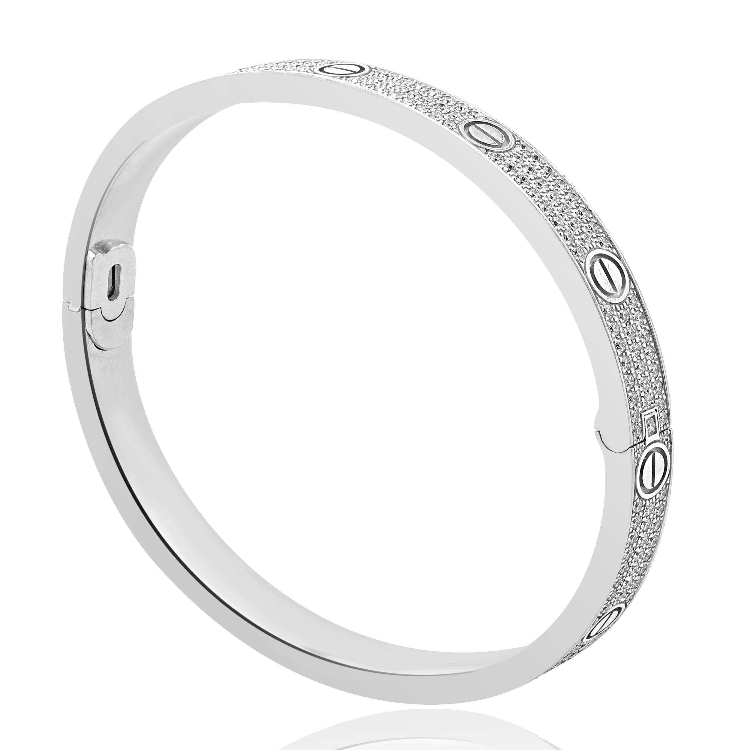 Round Cut Cartier 18 Karat White Gold Classic Pave Diamond Love Bracelet For Sale