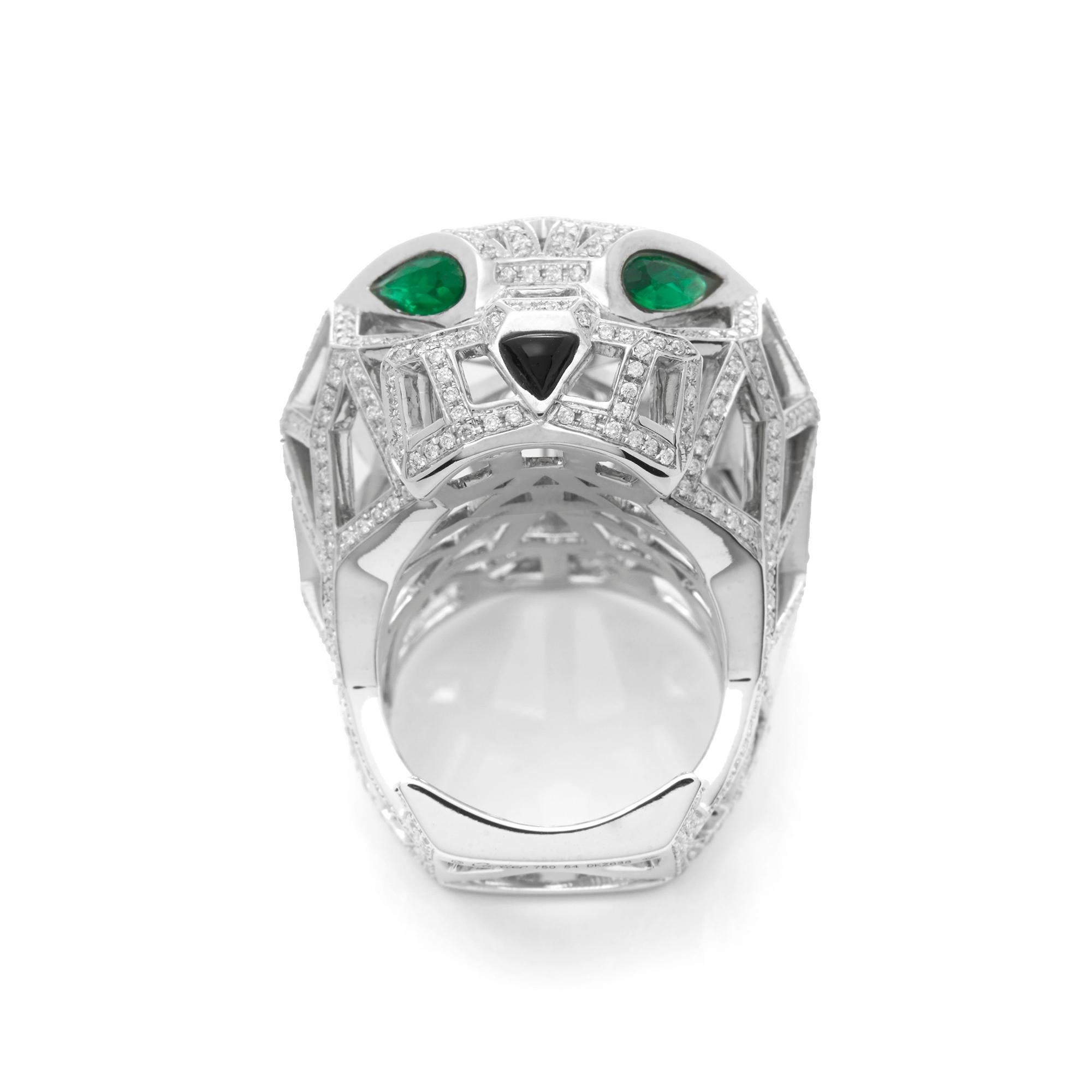 Round Cut Cartier 18 Karat White Gold Diamond, Emerald and Onyx Large Panthère Ring