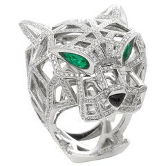 Cartier 18 Karat White Gold Diamond, Emerald and Onyx Large Panthère Ring