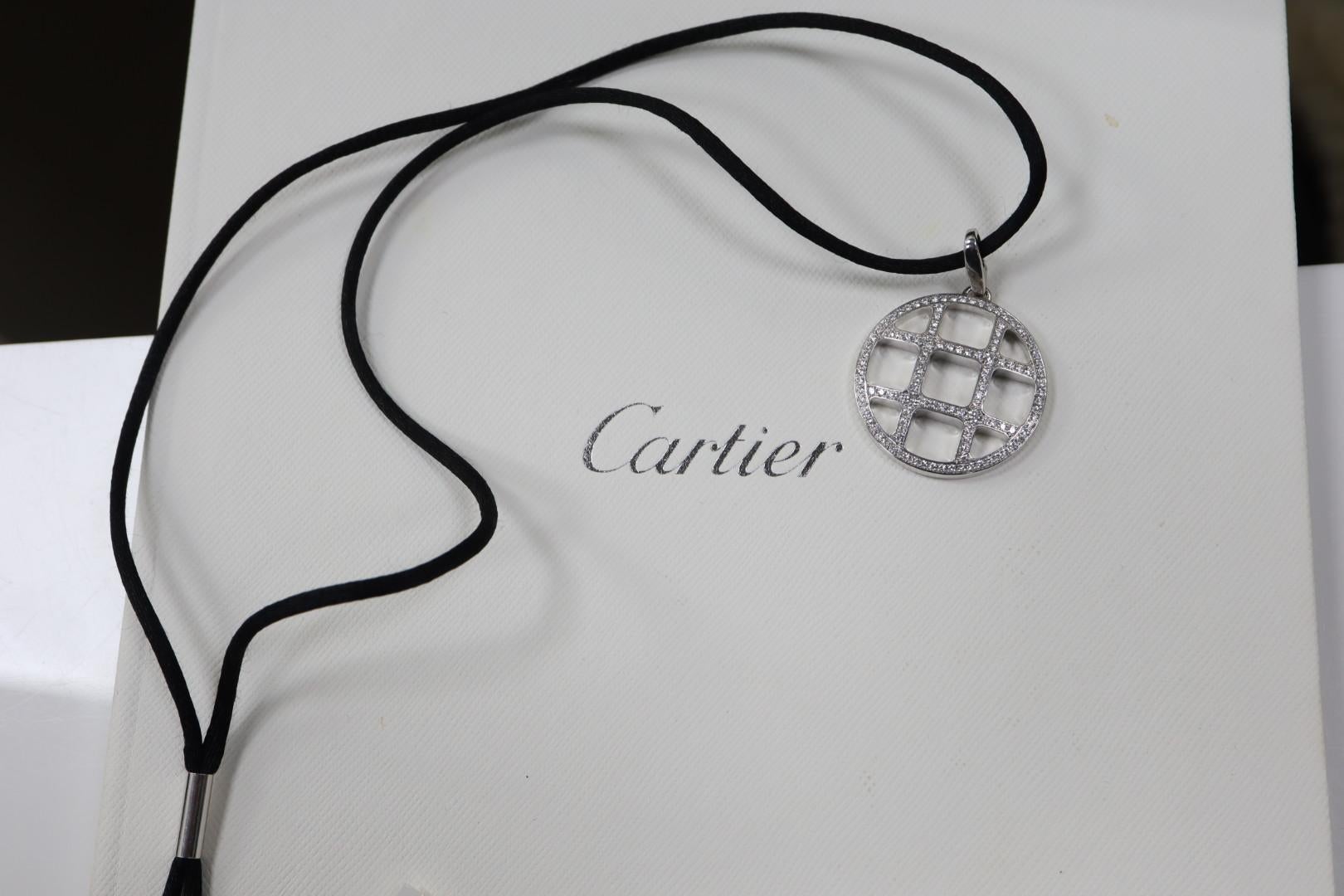 Cartier 18 Karat White Gold Diamond Pasha Grid Charm Necklace 1.60 Carat In Excellent Condition In New York, NY