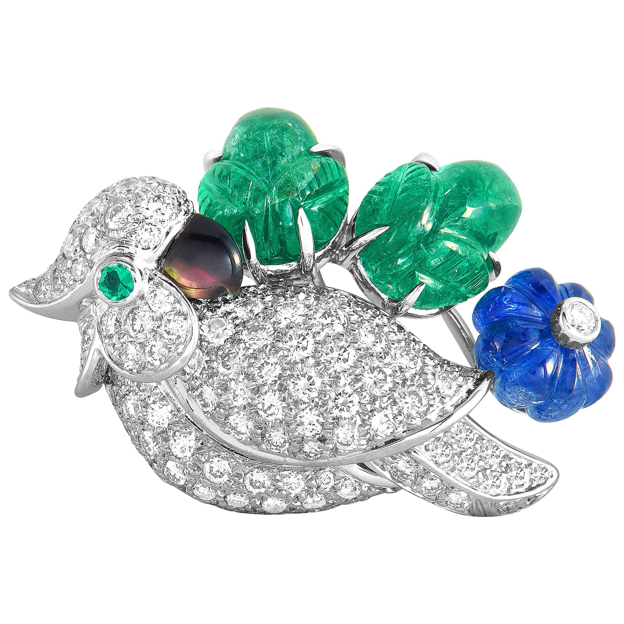Cartier 18 Karat White Gold Diamond Pave, Emerald and Sapphire Bird Pendant