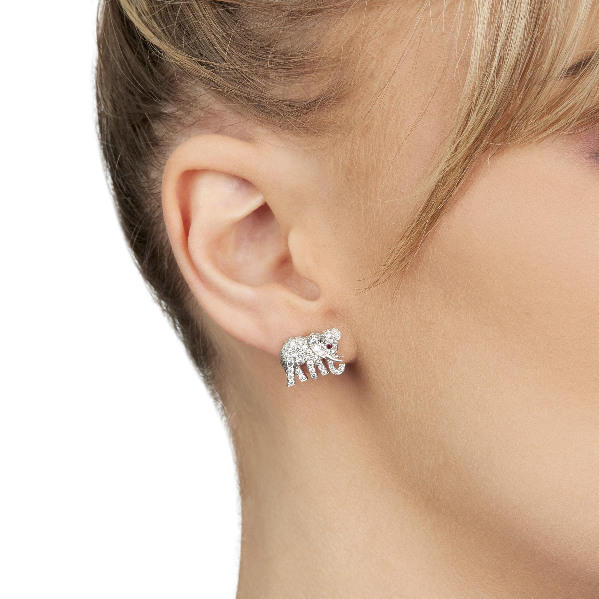 Women's Cartier 18 Karat White Gold Diamond and Ruby Elephant Bespoke Stud Earrings