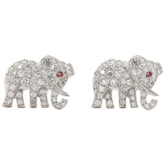 Cartier 18 Karat White Gold Diamond and Ruby Elephant Bespoke Stud Earrings