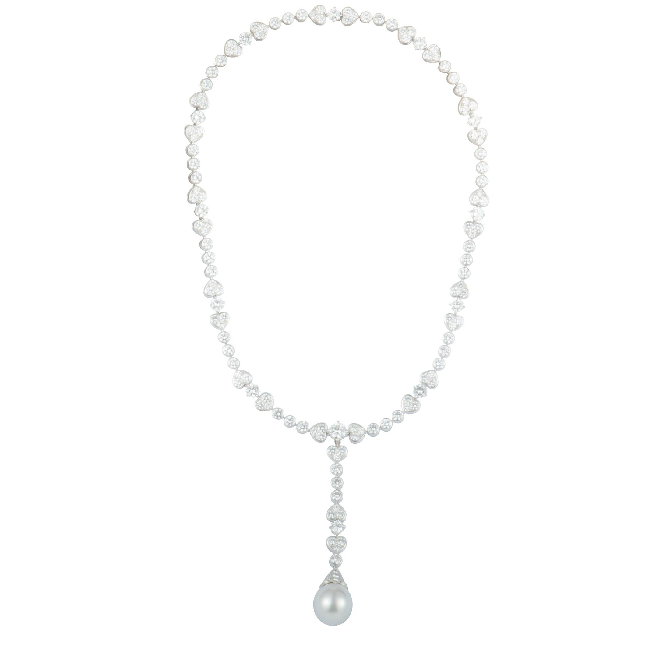 Cartier 18 Karat White Gold Diamond Set of White Pearl Pendant Choker Necklace