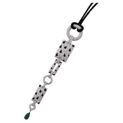 Cartier 18 Karat White Gold Diamonds Emeralds Onyx Panthere Pendant Necklace