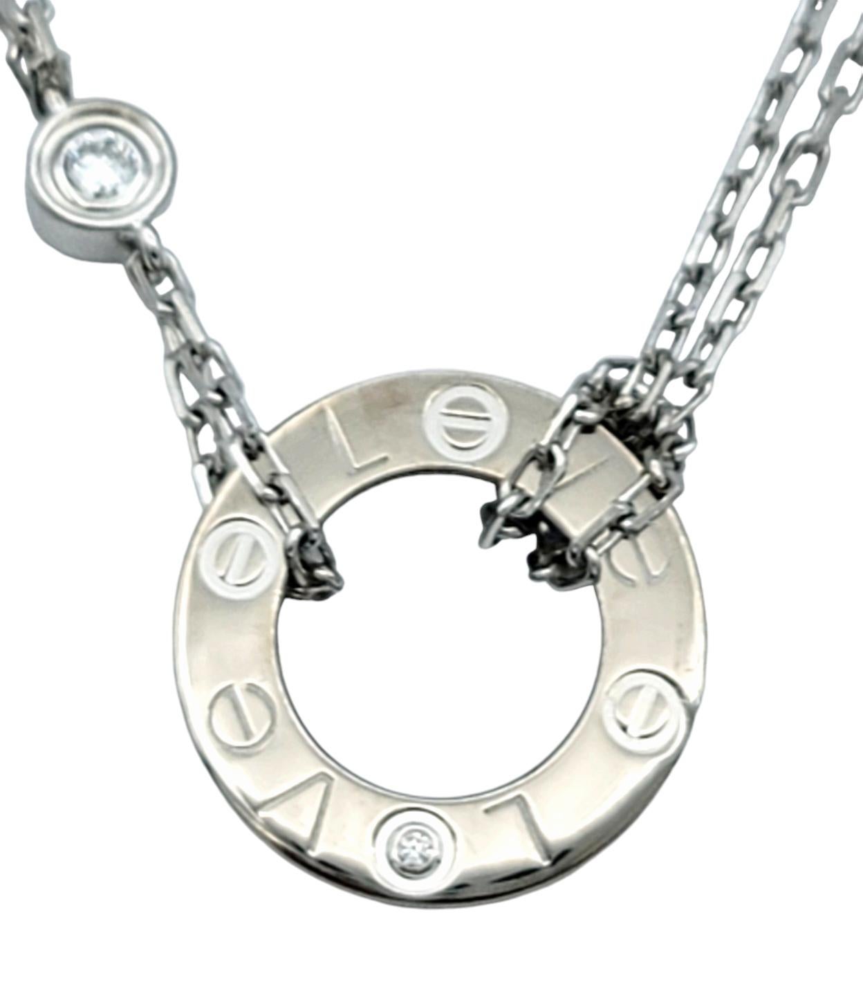 Round Cut Cartier 18 Karat White Gold Double Strand Love Pendant Necklace with Diamonds For Sale