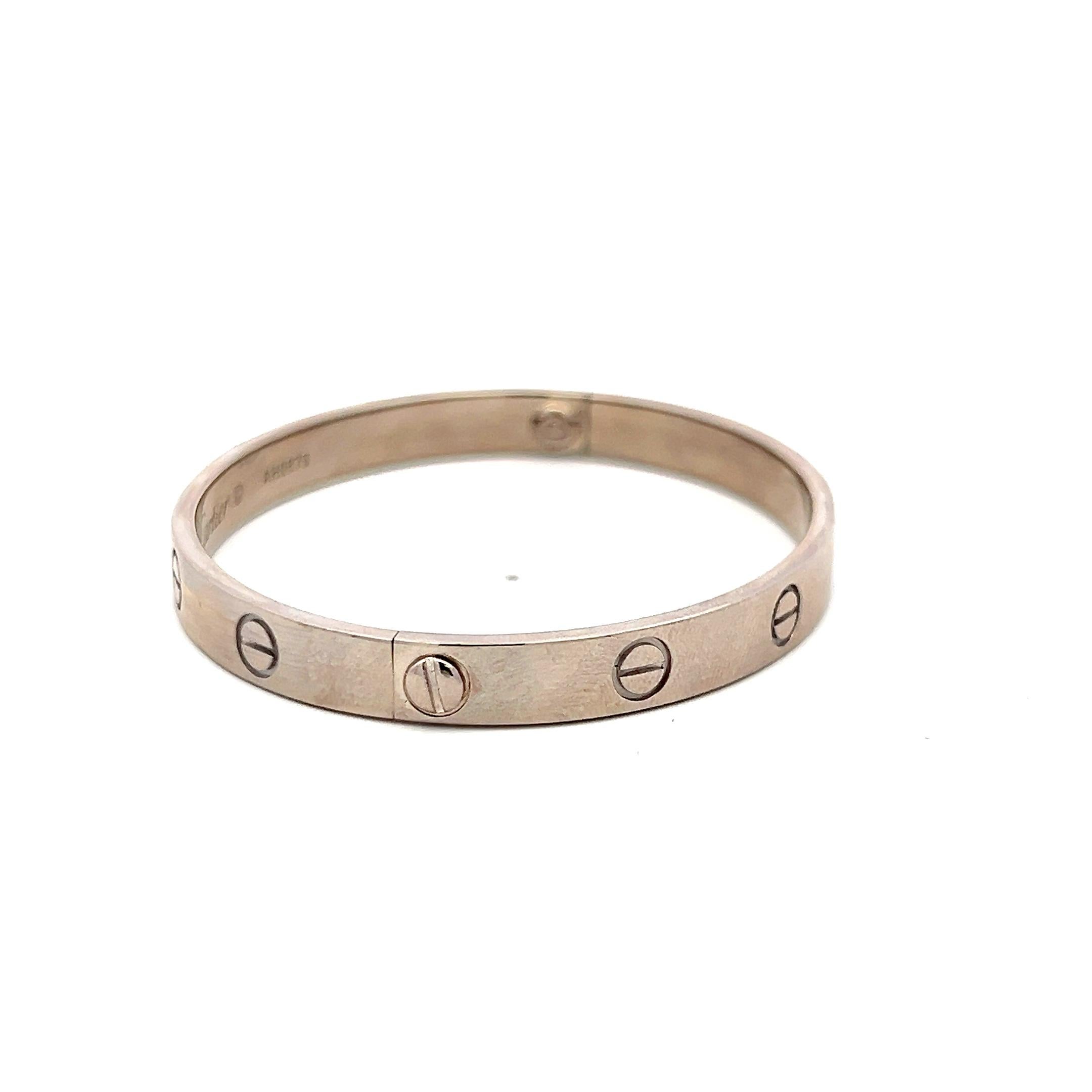 Designer:
CARTIER
Title:
Cartier 18 Karat White Gold Love Bracelet
Style:
Love
Metal:
18 Karat White Gold
Dimension:
17
Weight:
33.4 Grams
Condition:
Vintage And Estate
Product ID:
4J1526
Note:
Please note that all the non-GIA Gemstones' Weight,