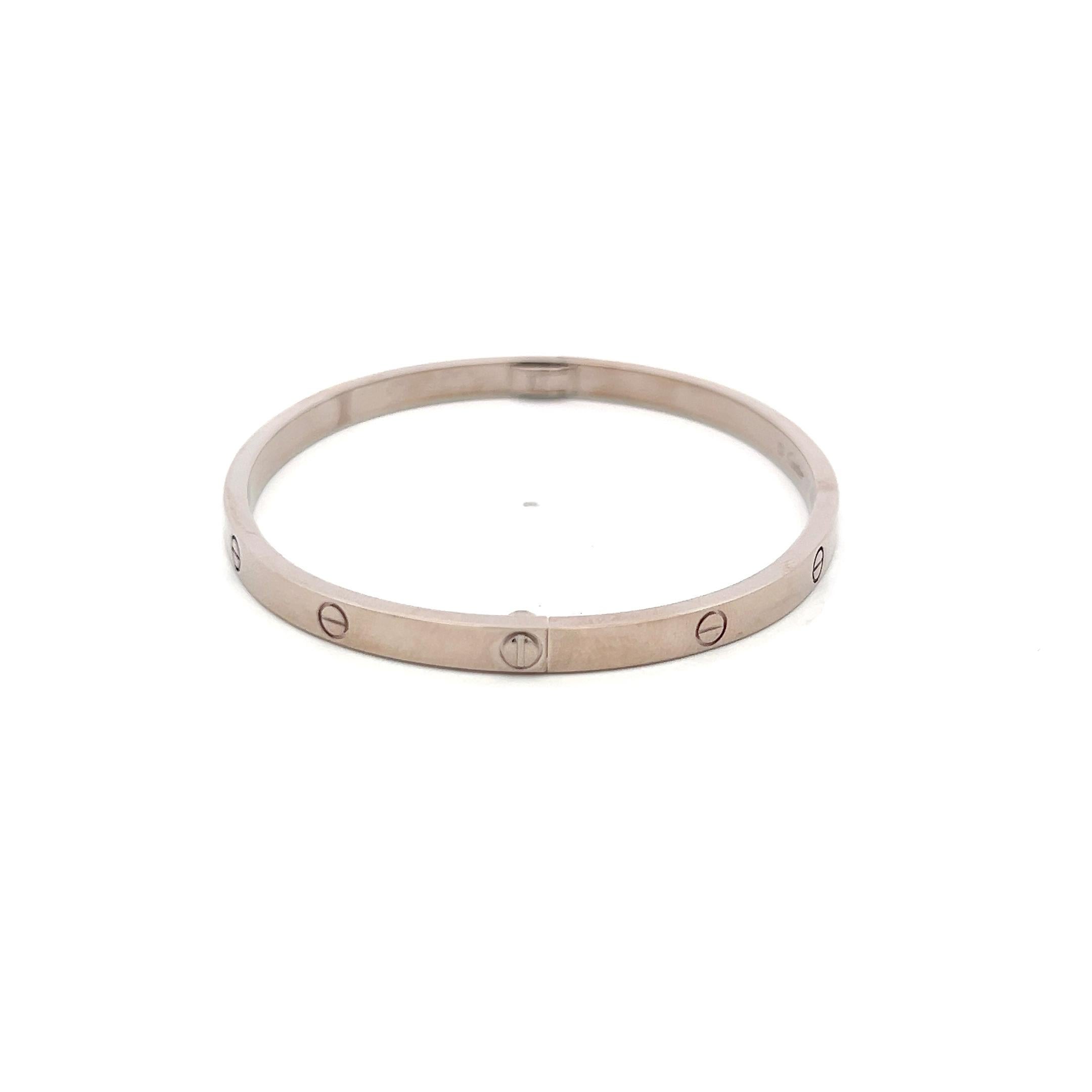 Women's Cartier 18 Karat White Gold Love Bracelet With paper and box Size 17