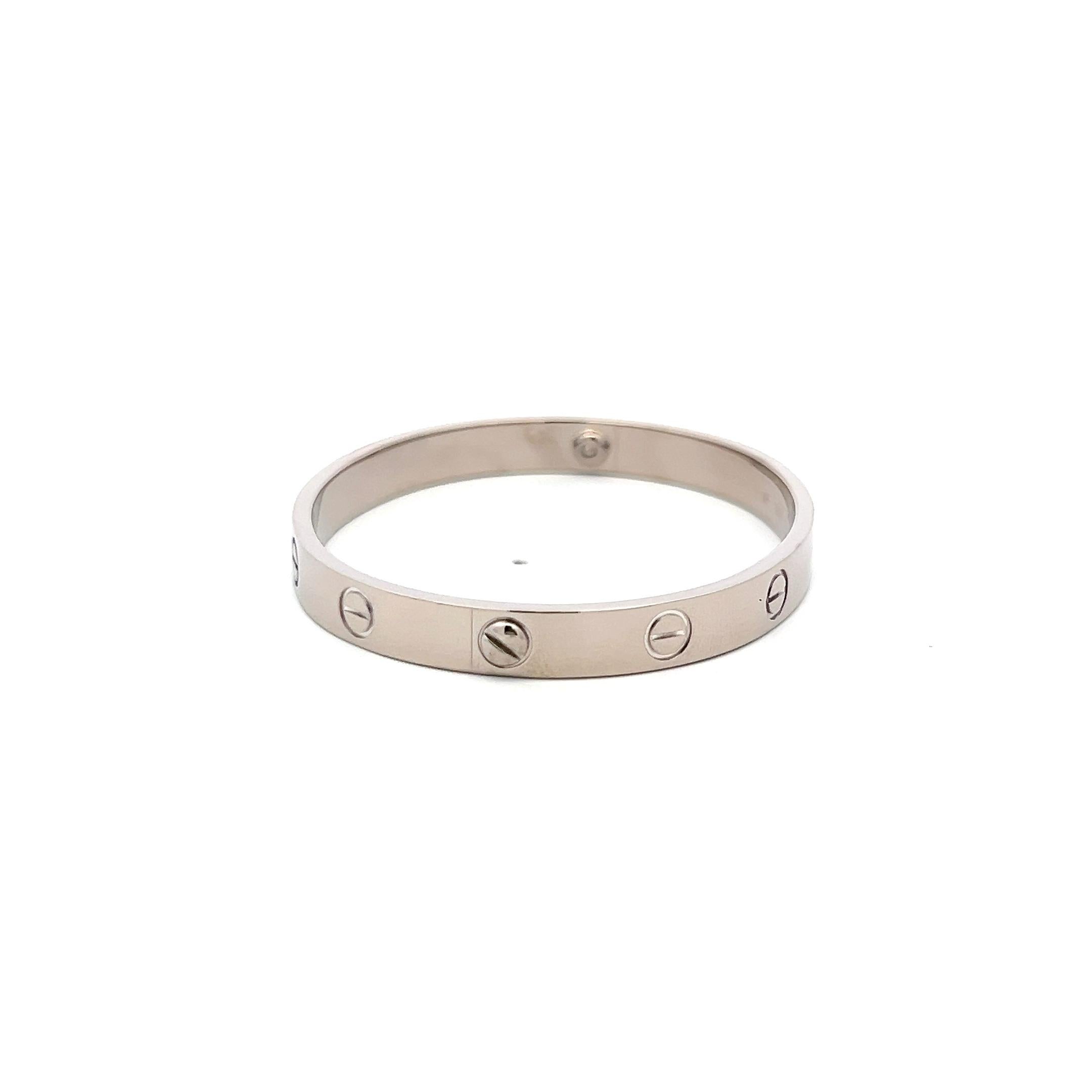 Designer:
CARTIER
Title:
Cartier 18 Karat White Gold Love Bracelet
Style:
Love
Metal:
18 Karat White Gold
Dimension:
16
Weight:
29.8 Grams
Condition:
Vintage And Estate
Product ID:
5J194
Note:
Please note that all the non-GIA Gemstones' Weight,