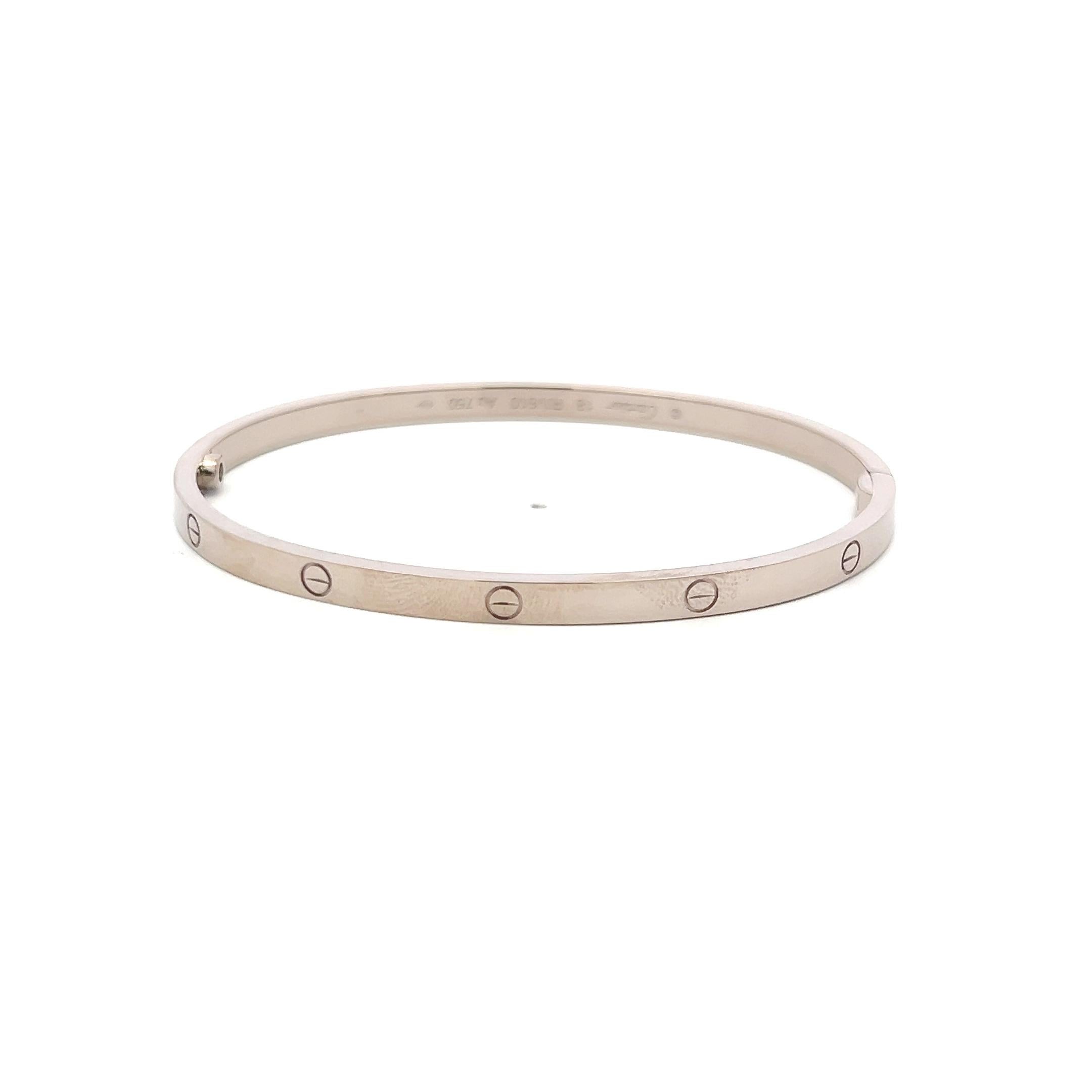 Cartier 18 Karat White Gold Love Bracelet With Paper Size 18 en Bueno estado para la venta en New York, NY
