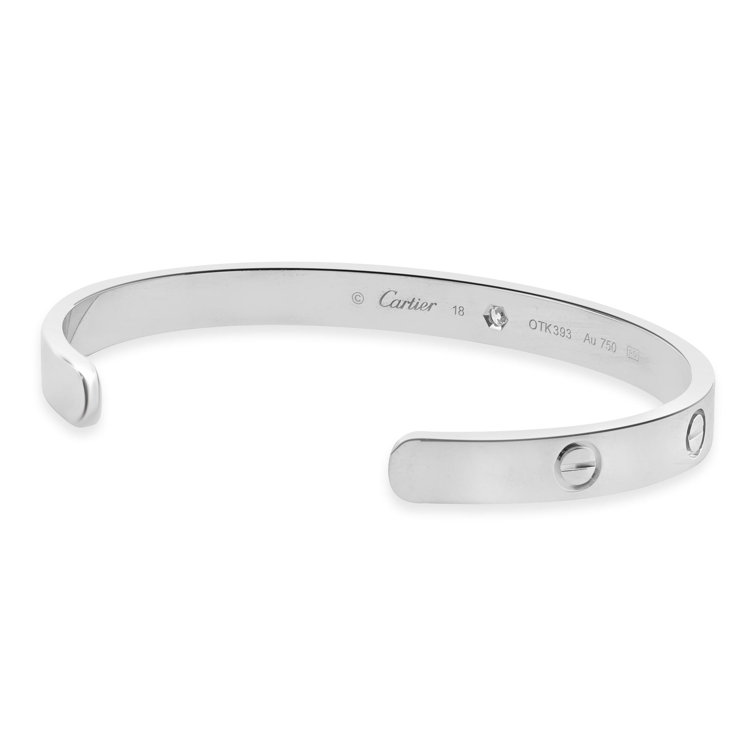 Brilliant Cut Cartier 18 Karat White Gold Love Cuff Bracelet 1 Diamond, Size 18 For Sale
