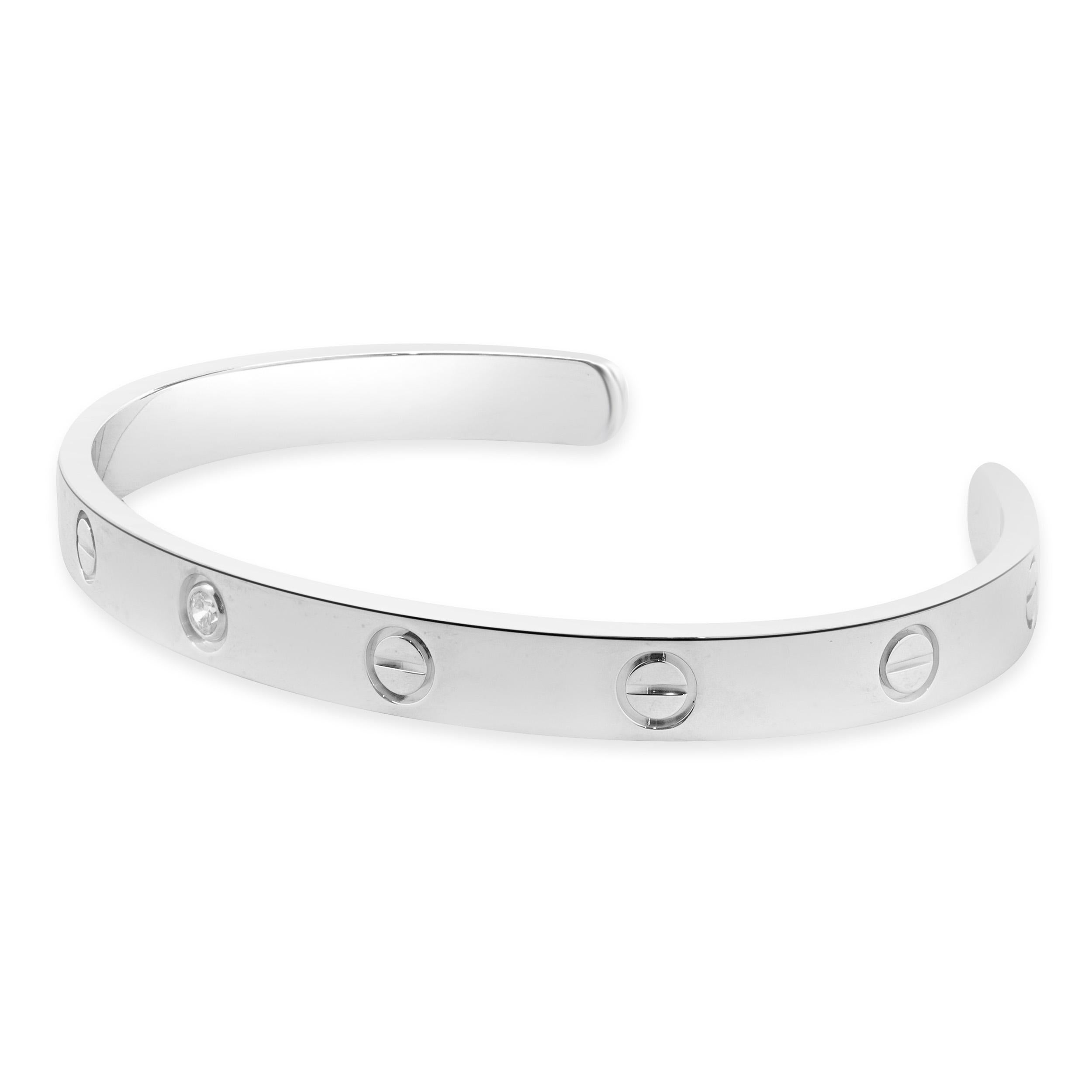 Cartier 18 Karat White Gold Love Cuff Bracelet 1 Diamond, Size 18 In Excellent Condition For Sale In Scottsdale, AZ