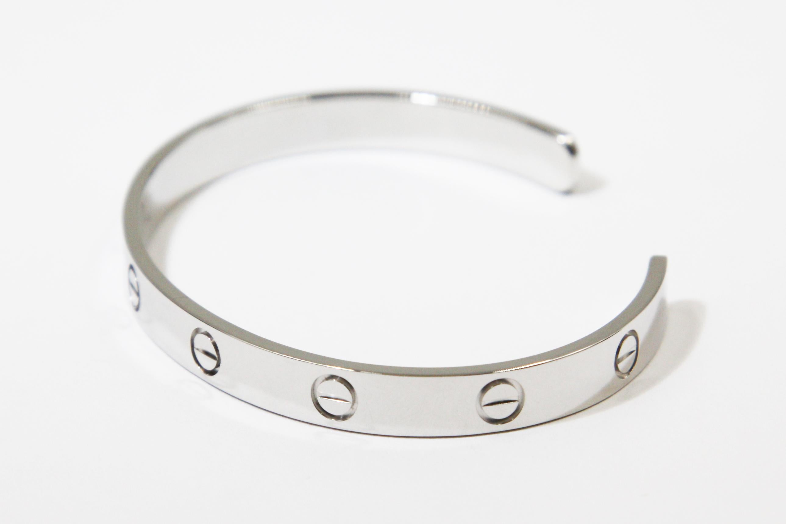 Cartier 18 Karat White Gold Love Cuff Bracelet In Excellent Condition For Sale In New York, NY