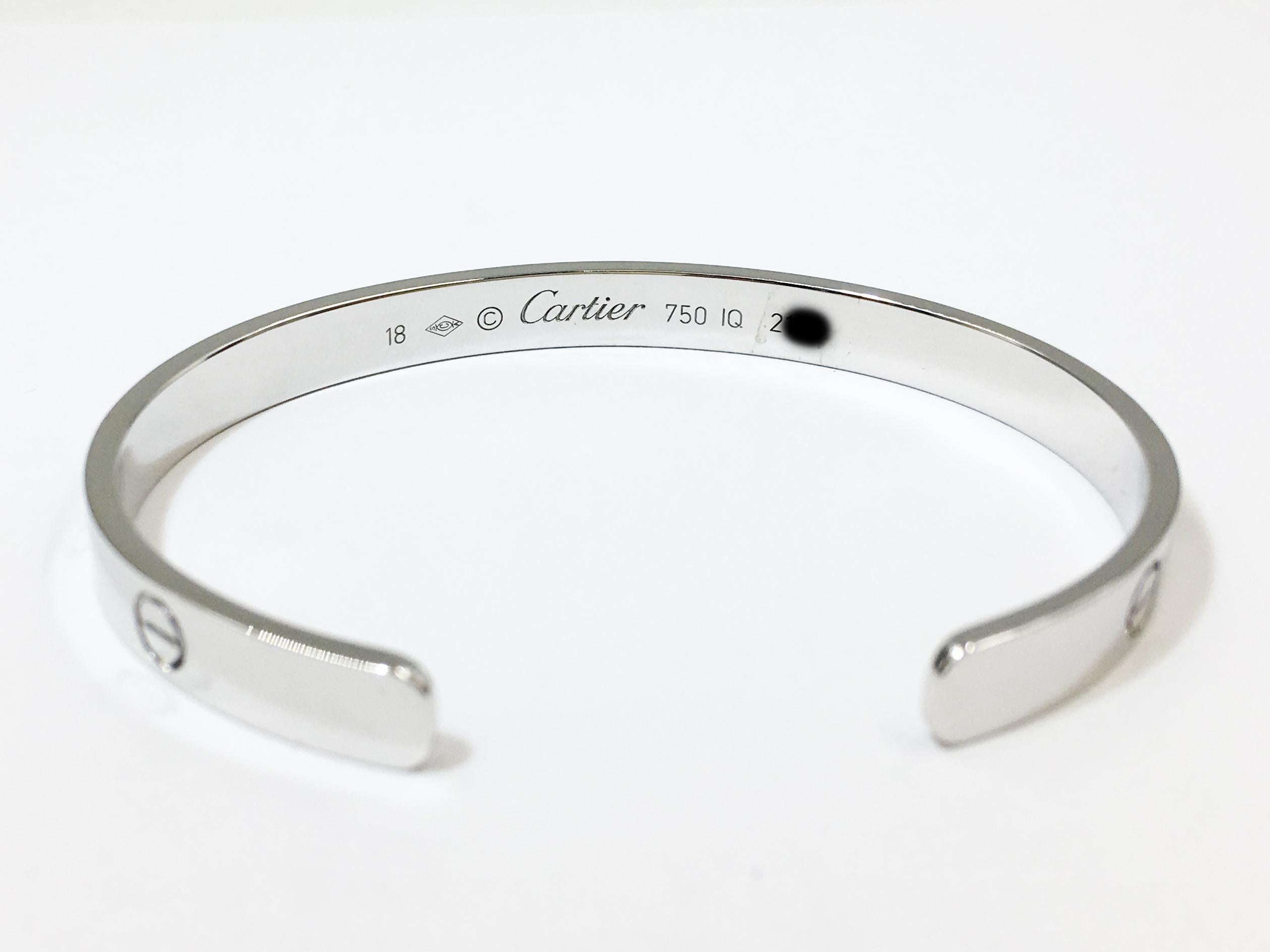 Cartier 18 Karat White Gold Love Cuff Bracelet For Sale 1