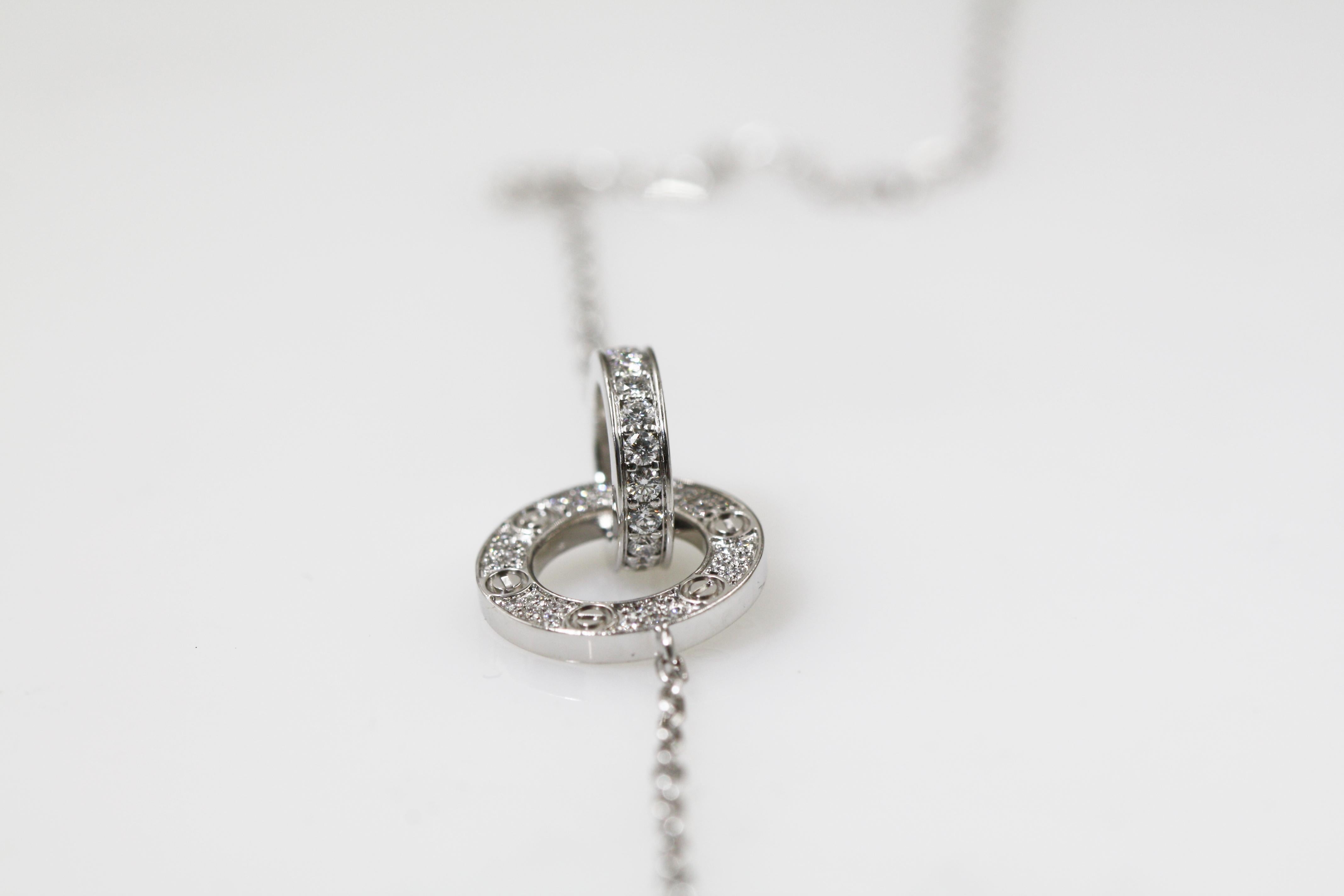 Cartier 18 Karat White Gold Love Necklace, Diamond-Paved In Excellent Condition For Sale In New York, NY
