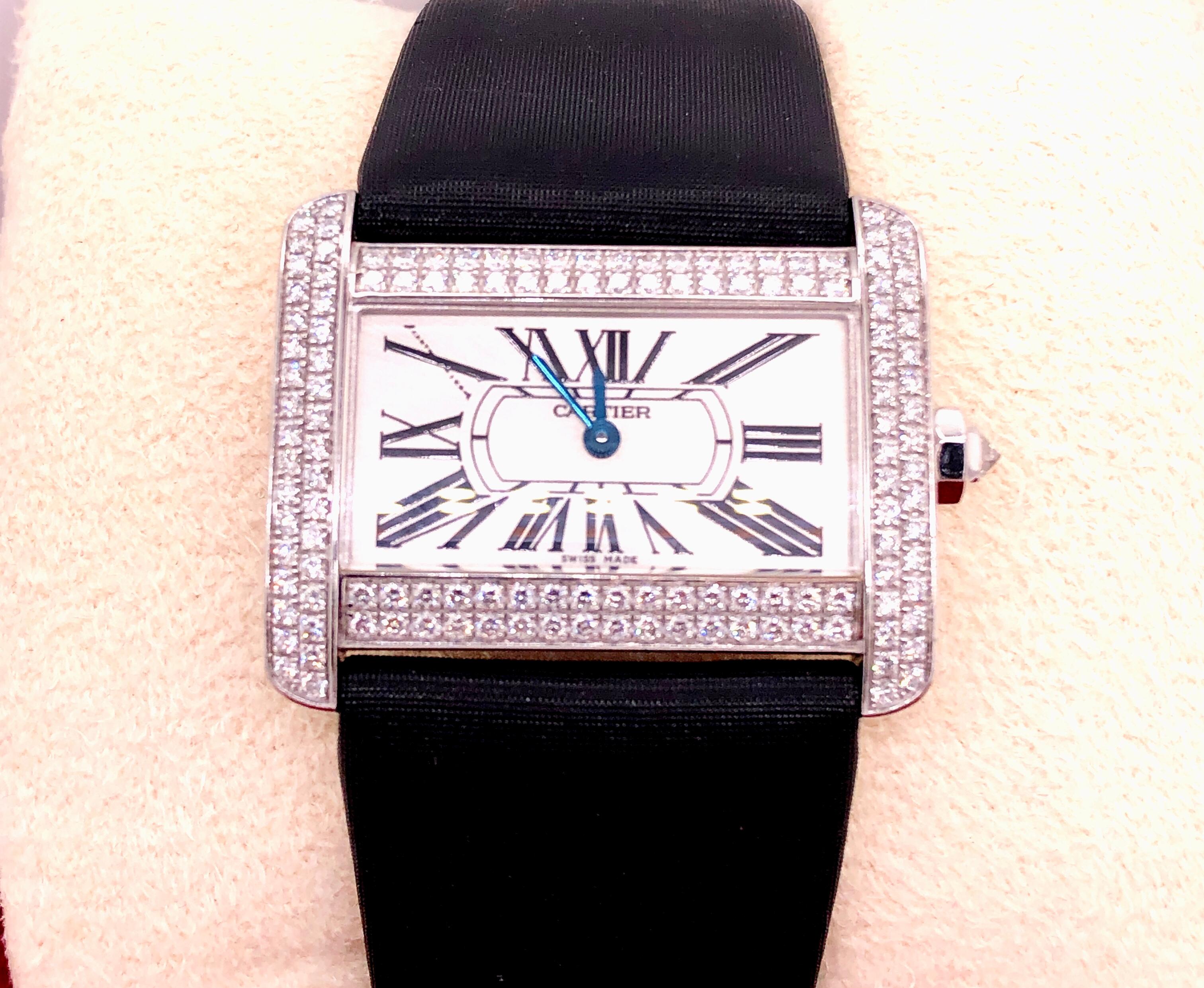 Art Deco Cartier 18 Karat White Gold Mini Tank Divan Watch Diamond Paved Case