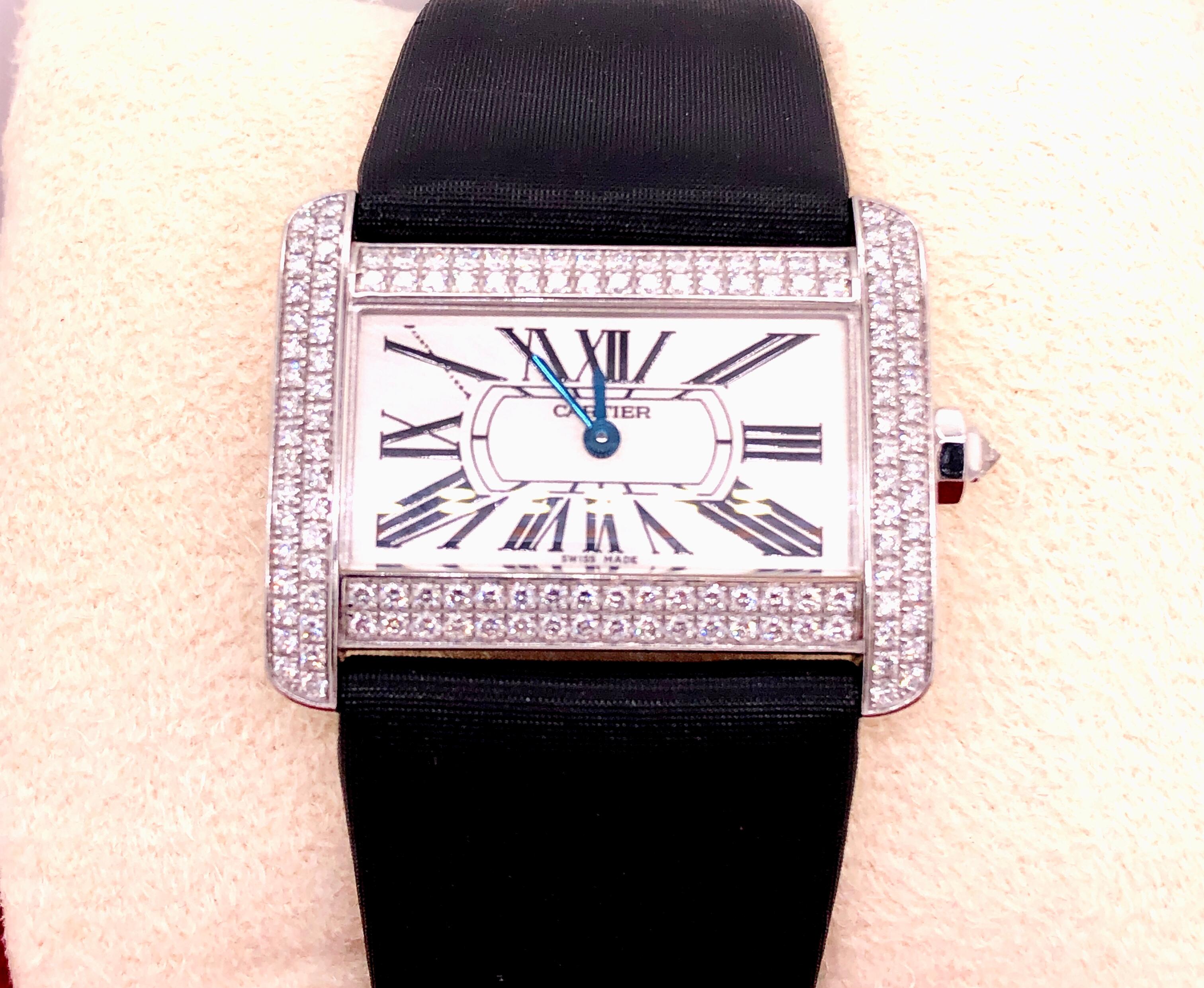 Art Deco Cartier 18 Karat White Gold Mini Tank Divan Watch Diamond Paved Case For Sale