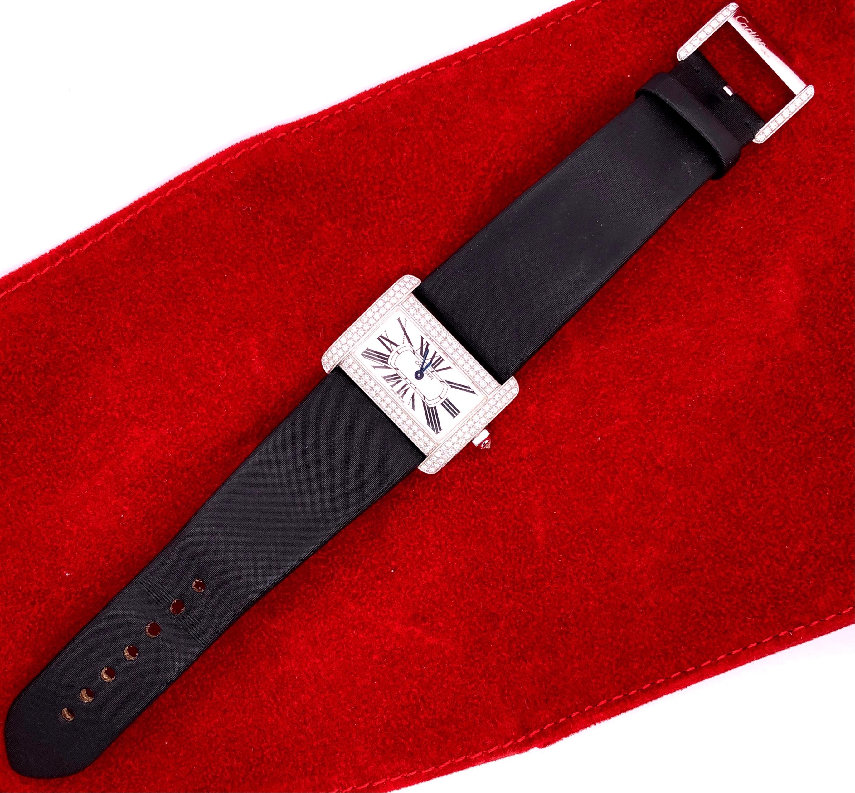 Round Cut Cartier 18 Karat White Gold Mini Tank Divan Watch Diamond Paved Case
