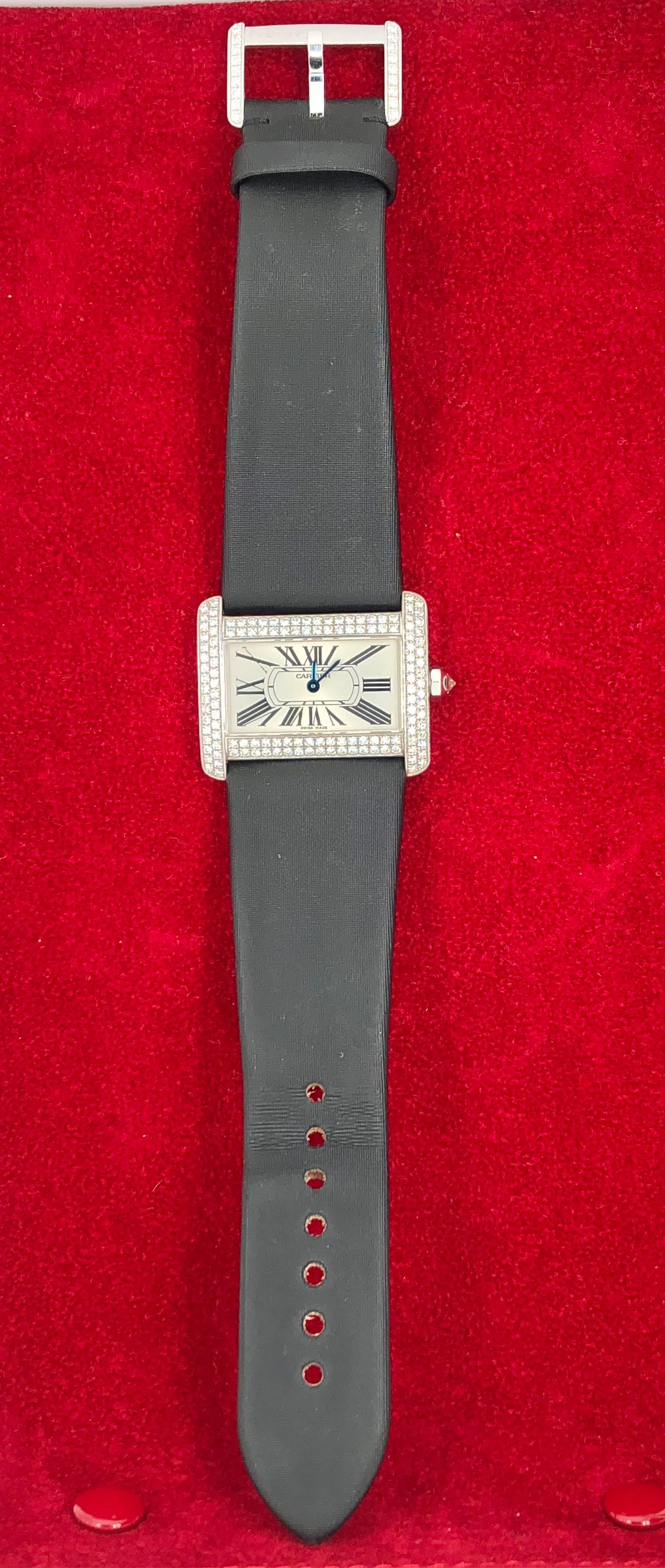 Cartier 18 Karat White Gold Mini Tank Divan Watch Diamond Paved Case In Good Condition For Sale In Stamford, CT