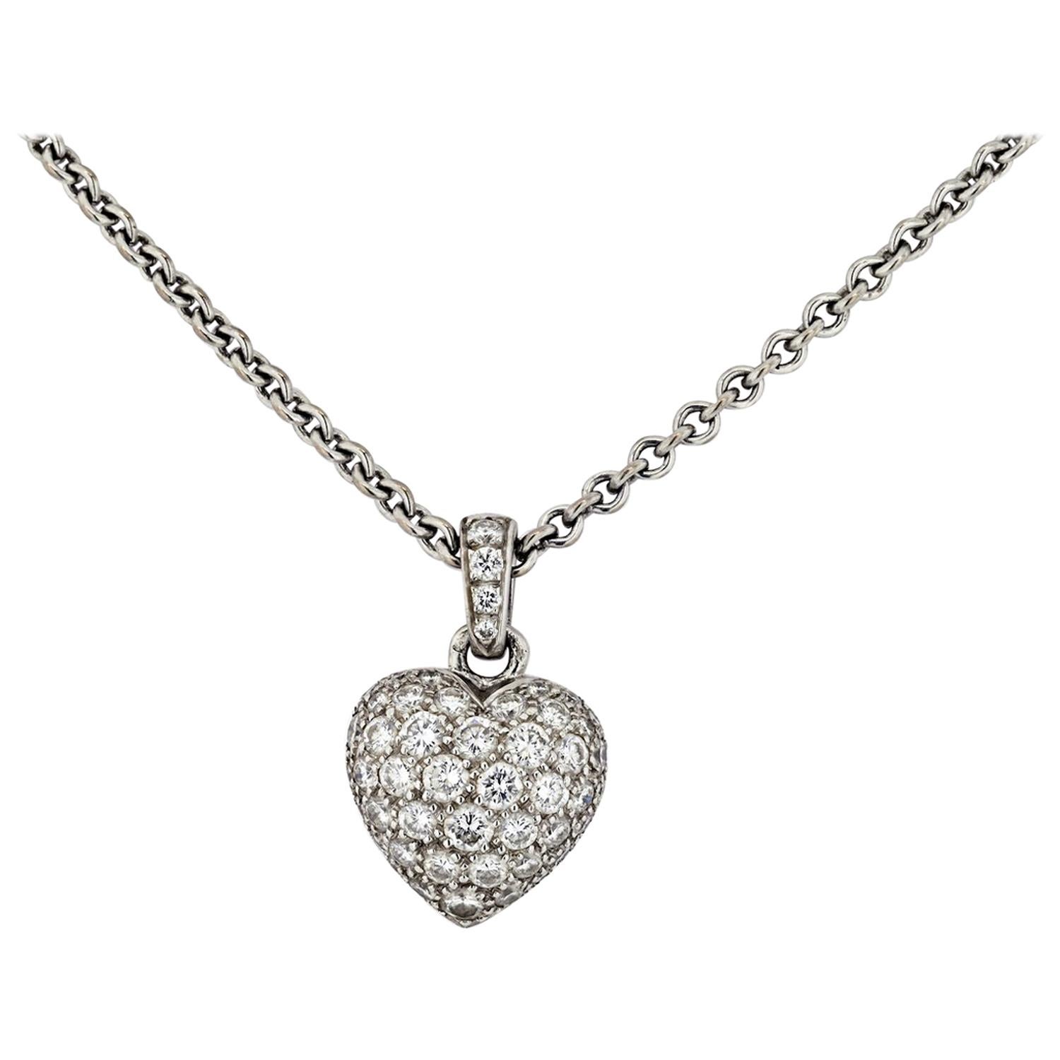 Cartier 18 Karat White Gold Pave Diamond Heart on a Chain Pendant