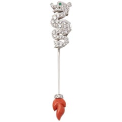 Cartier 18 Karat Gold Round Cut Diamond, Coral and Emerald Dragon Jabot Pin