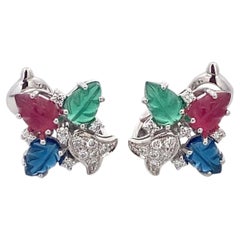Cartier Tutti Frutti 18K White Gold Sapphire, Ruby and Emerald Diamond Earrings
