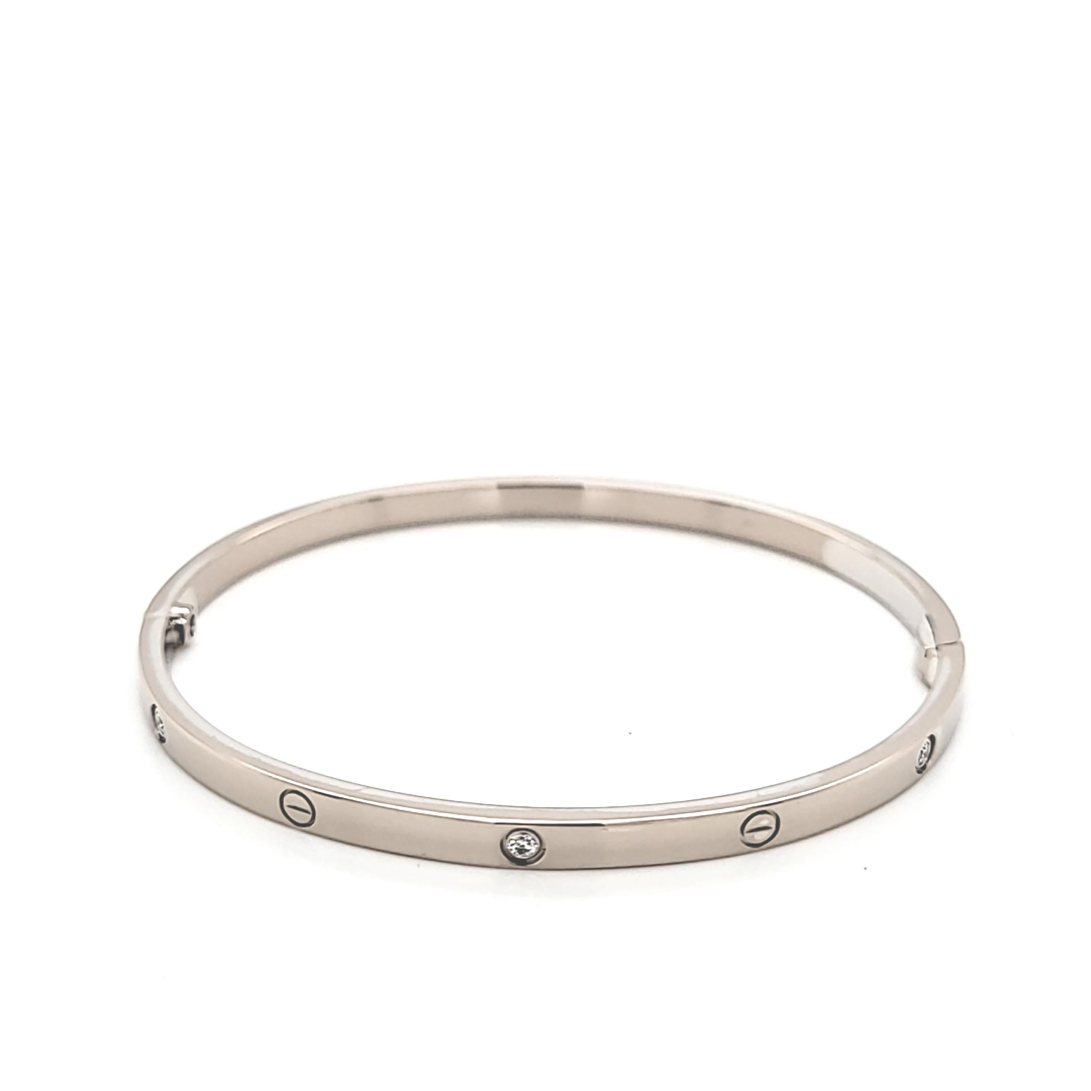 Cartier 18 Karat White Gold Small Model 6 Diamond Love Bracelet For Sale 5