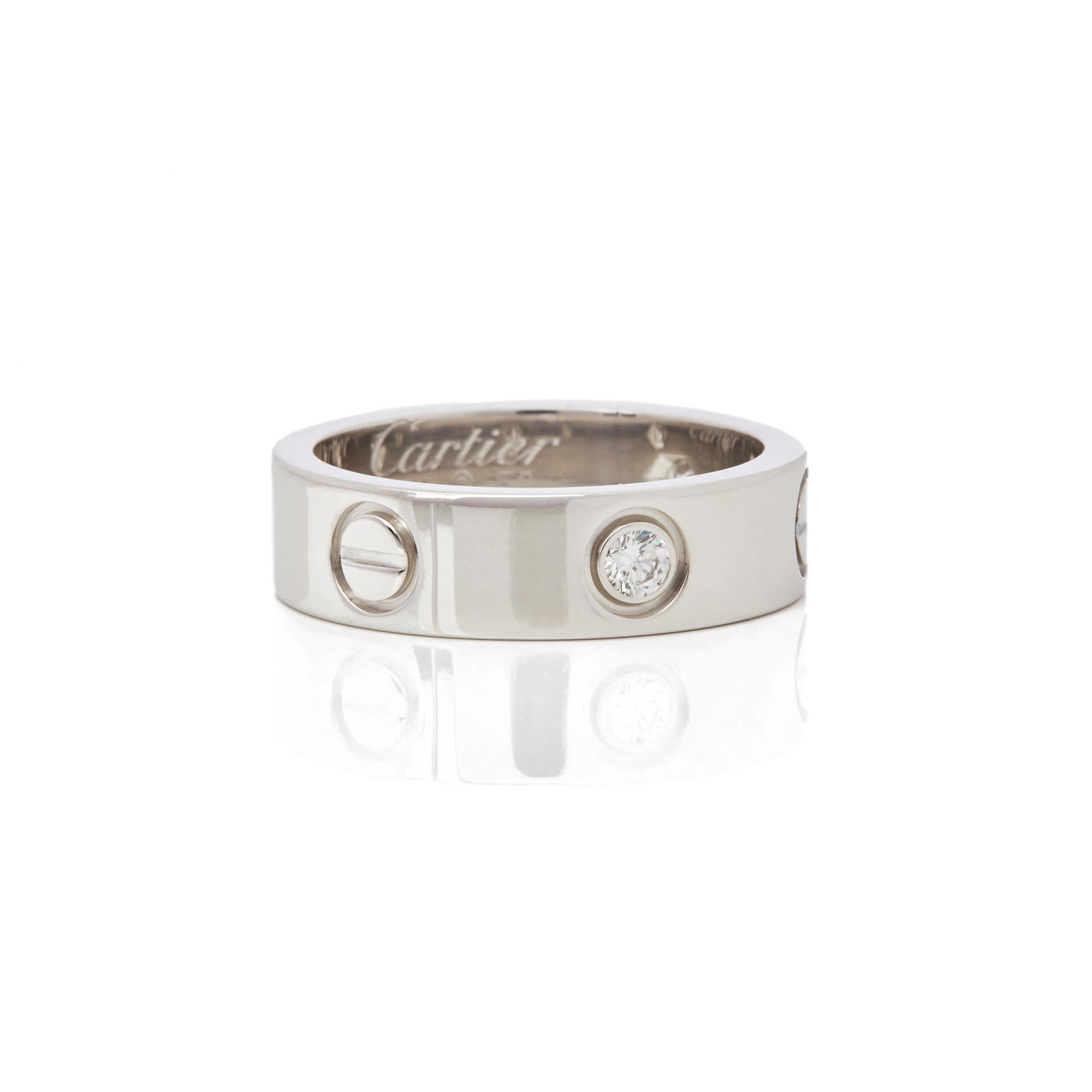 Modern Cartier 18 Karat White Gold Three Round Brilliant Cut Diamond Love Band Ring 