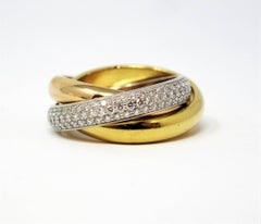 Cartier 18 Karat White, Yellow and Pink Gold Pave Diamond Trinity Classic Ring