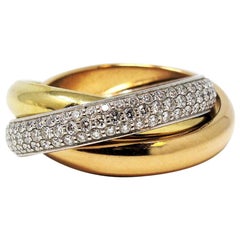 Cartier 18 Karat White, Yellow and Pink Gold Pave Diamond Trinity Classic Ring