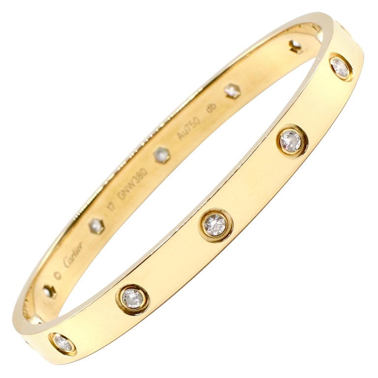 Cartier 18 Karat Yellow Gold 10 Diamond Love Bracelet Box And Papers Size 17 At 1stdibs