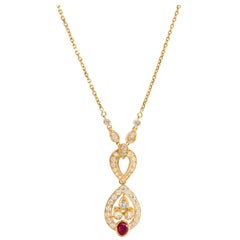 Cartier 18 Karat Yellow Gold 2.00 Carat Diamond and Cabochon Ruby Drop Necklace