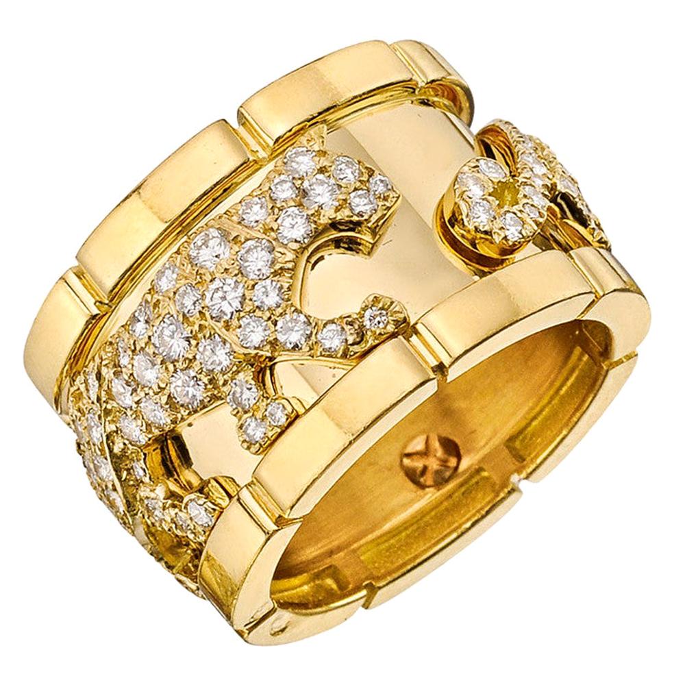 Cartier 18 Karat Yellow Gold and Diamond "Mahango" Panther Band Ring
