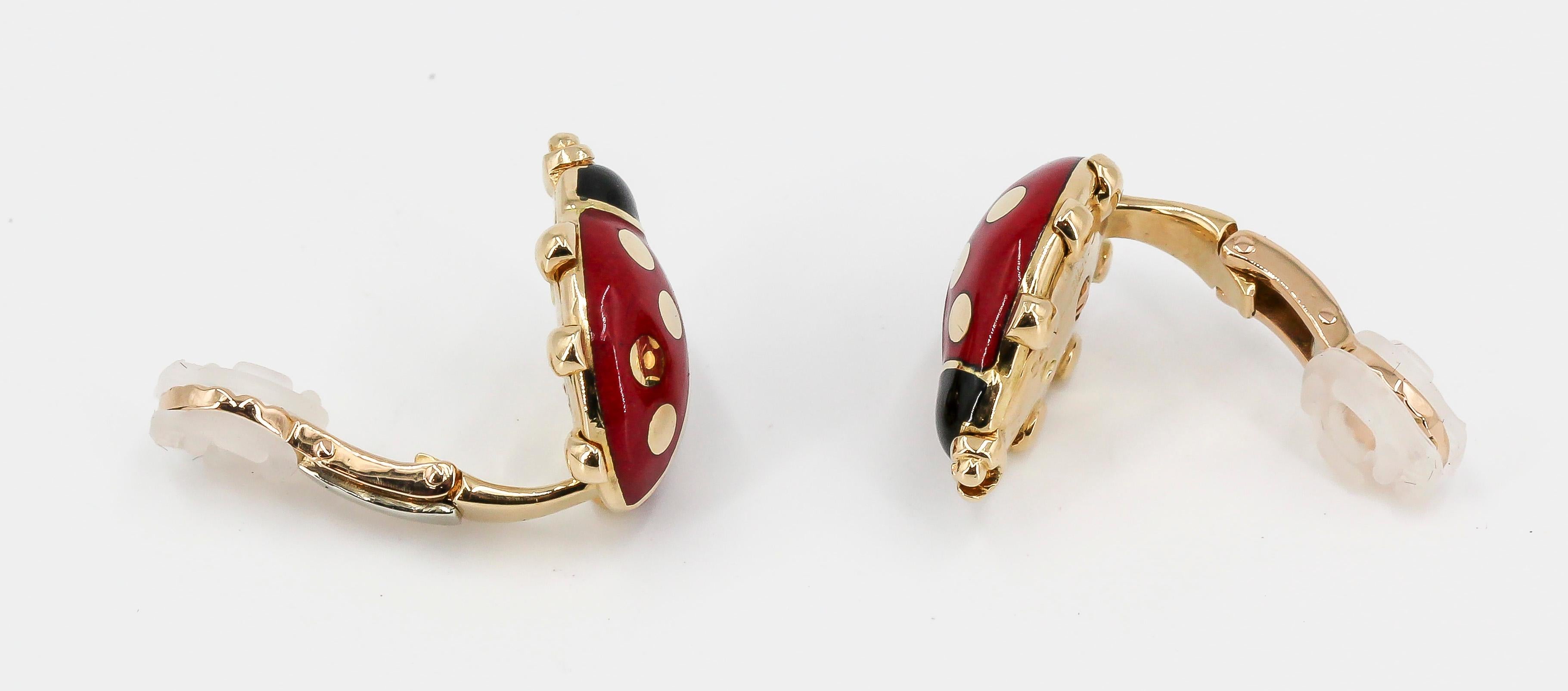 Cartier 18 Karat Yellow Gold and Enamel Ladybug Earrings In Excellent Condition In New York, NY