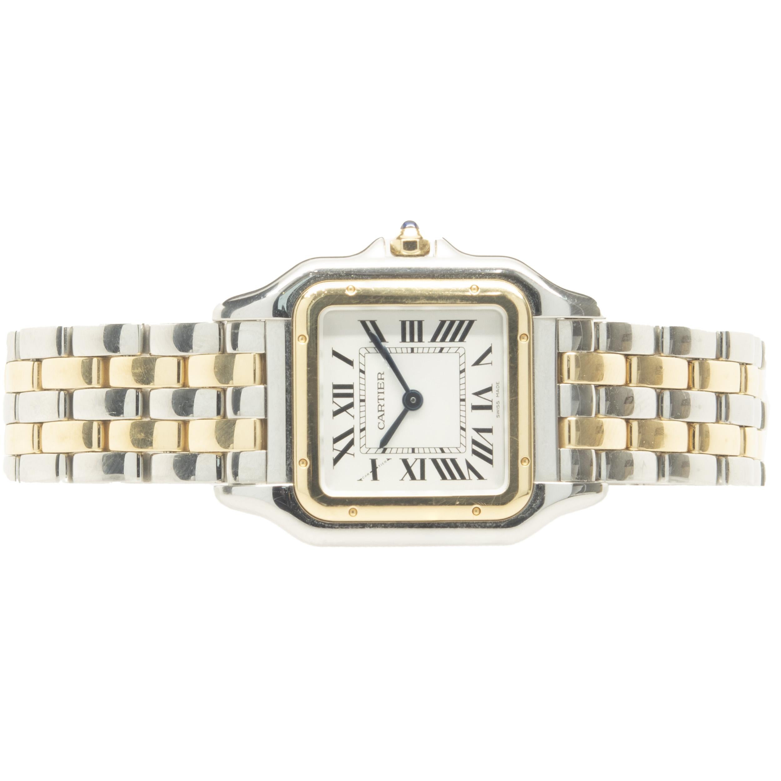 Movement: quartz
Function: hours, minutes, seconds, date
Case: 29 x 37mm rectangular case, smooth bezel, push pull crown, sapphire crystal
Dial: white roman dial, steel sword sweeping hands
Band: Cartier stainless steel & 18KY panther bracelet,