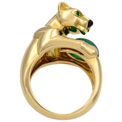 Cartier 18 Karat Yellow Gold Chalcedony Emerald and Onyx Panther Ring