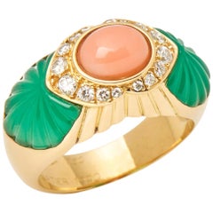 Cartier 18 Karat Yellow Gold Chrysoprase, Coral and Diamond Ring