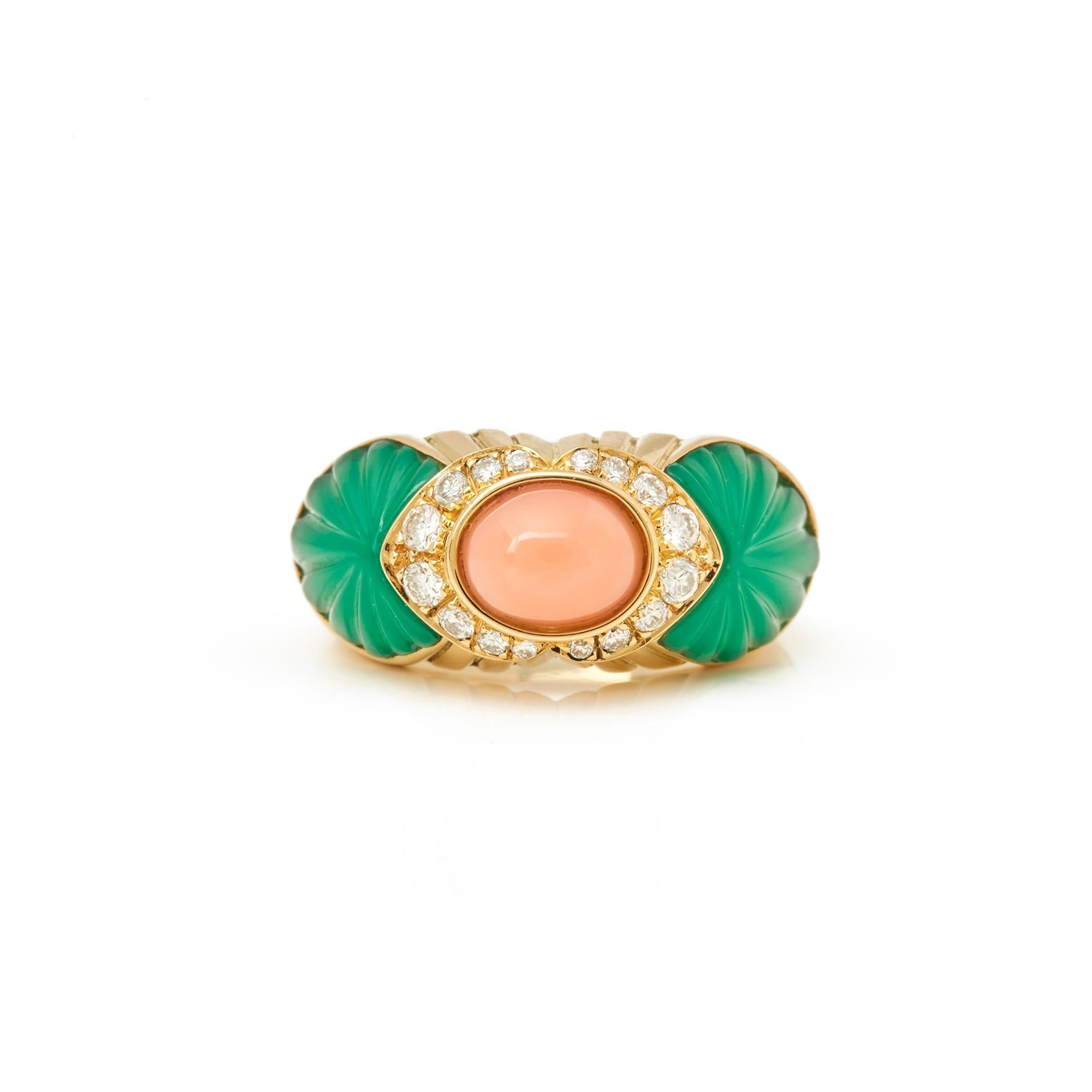 Modern Cartier 18 Karat Yellow Gold Chrysoprase, Coral and Diamond Ring